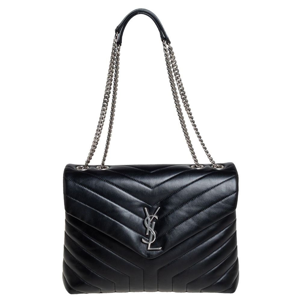Pre-owned Saint Laurent Black Matelasse Leather Medium Loulou Shoulder Bag