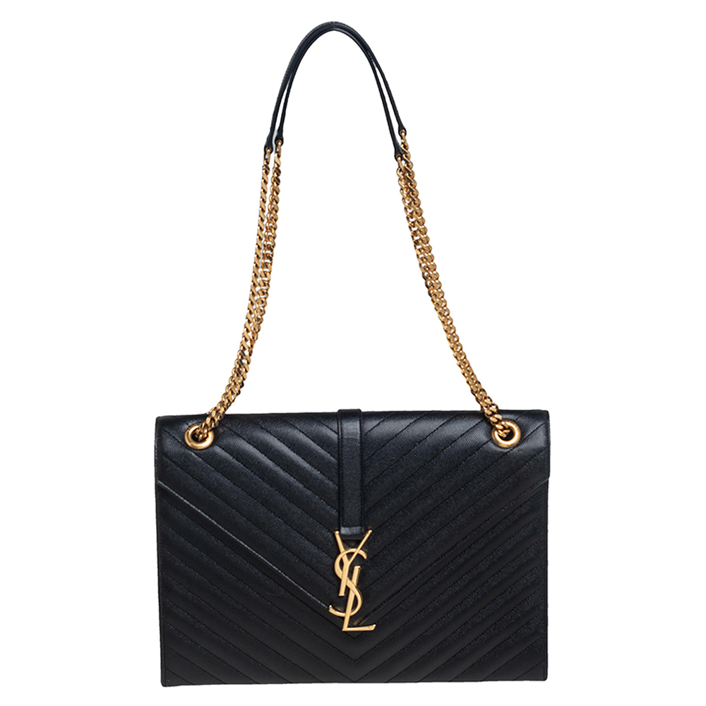 Pre Owned Saint Laurent Black Chevron Quilted Leather Monogram Envelope Shoulder Bag