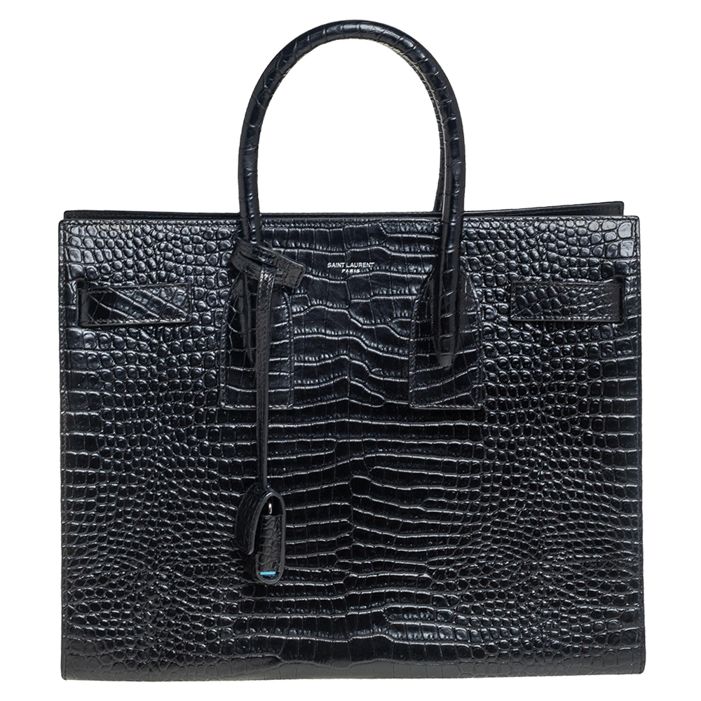Pre-owned Saint Laurent Black Croc Embossed Leather Small Classic Sac De Jour Tote