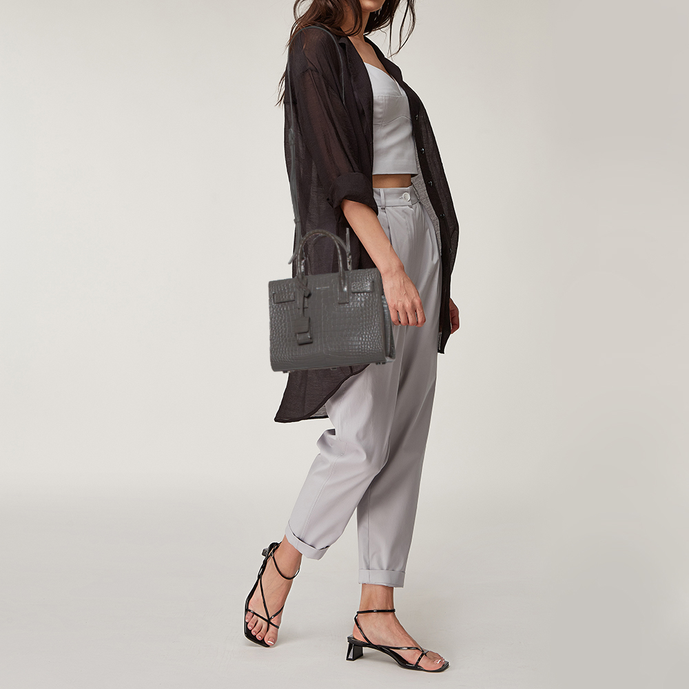

Saint Laurent Grey Croc Embossed Leather Nano Classic Sac De Jour Tote