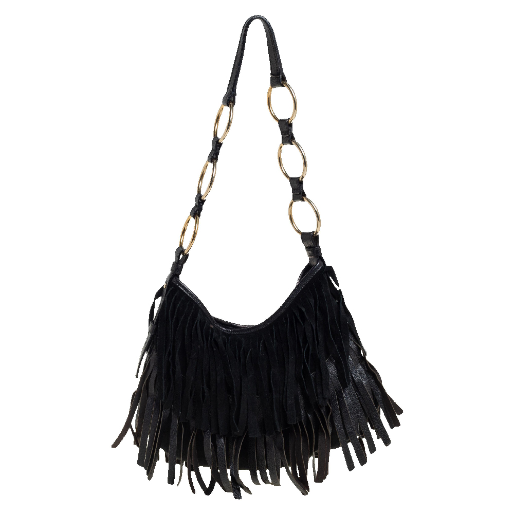 Click to view more detailed imagery on our partner's website Pre-owned Saint Laurent Black Fringed Suede And Leather La Boheme Hobo