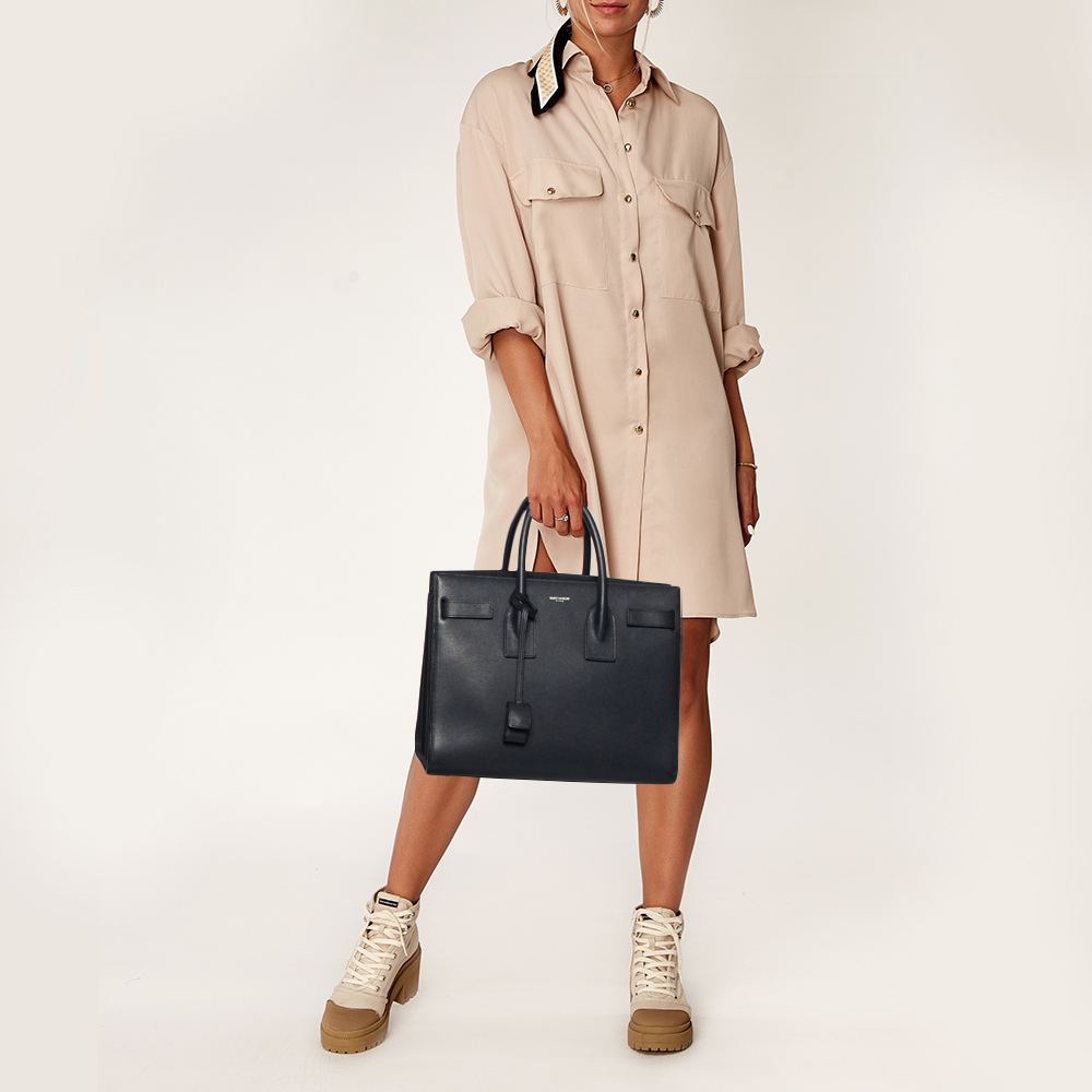 

Saint Laurent Navy Blue Leather Small Classic Sac De Jour Tote