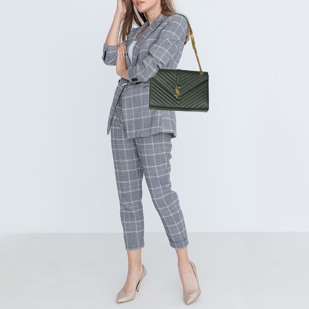 

Saint Laurent Dark Green Matelassé Leather Monogram Envelope Shoulder Bag