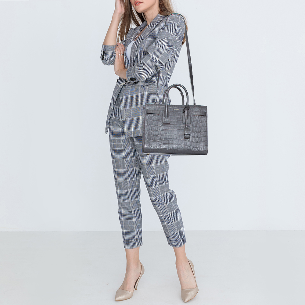 

Saint Laurent Grey Croc Embossed Leather Small Classic Sac De Jour Tote