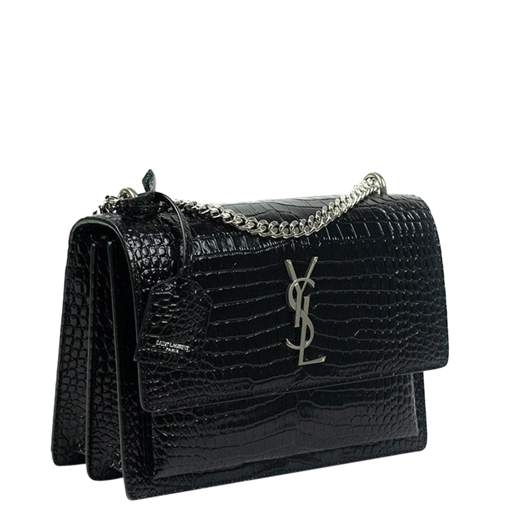 

Saint Laurent Paris Black Croc Embossed Leather Sunset Shoulder Bag