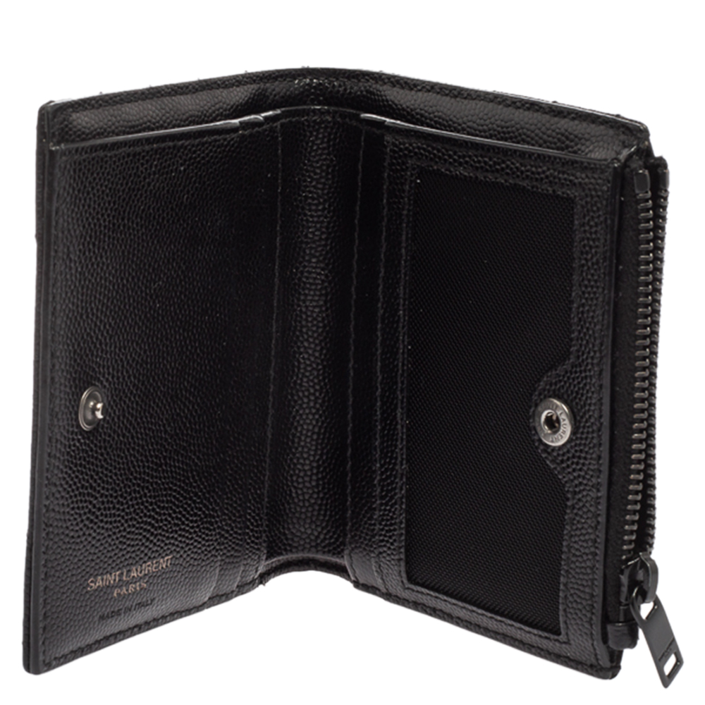 

Saint Laurent Black Matelassé Leather Flap Zip Compact Wallet