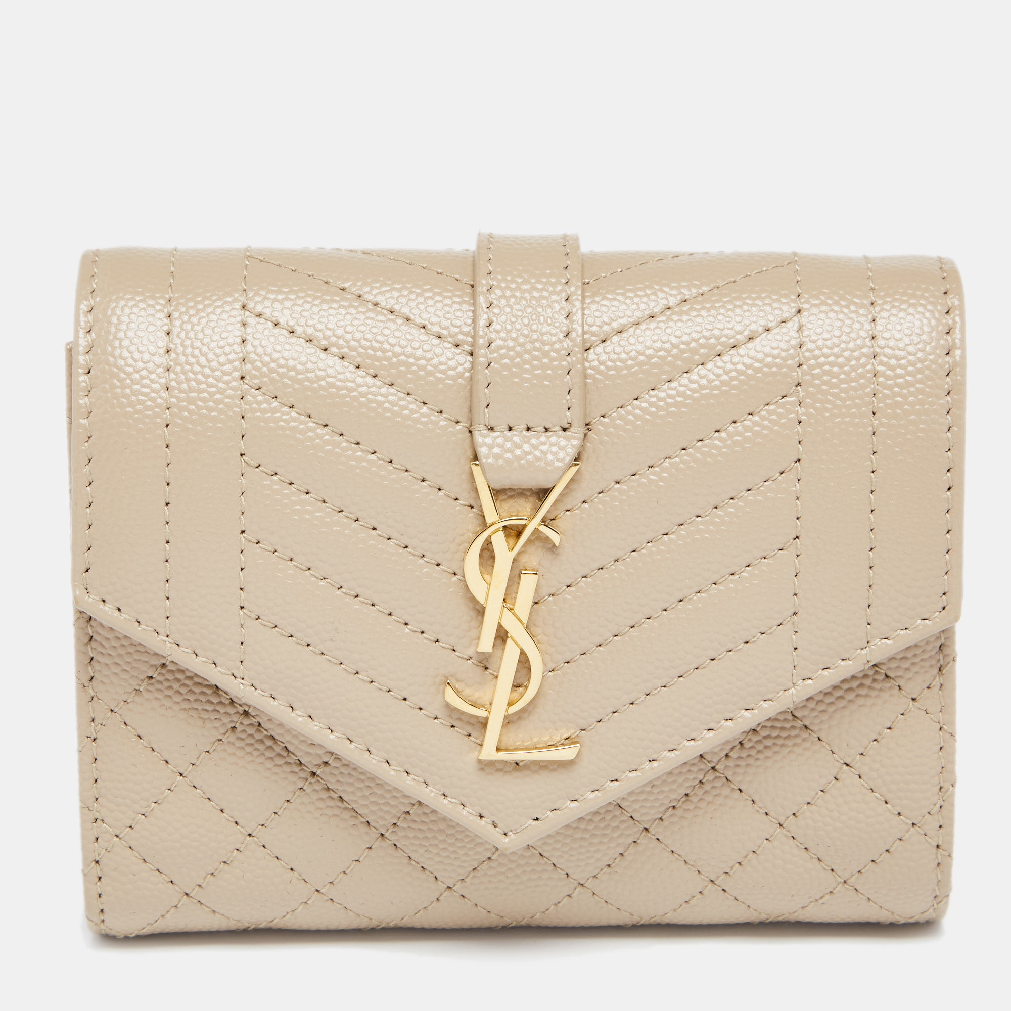 مملوكة مسبقًا Saint Laurent Beige Mix Matelassé Grain Leather Envelope Trifold Compact Wallet