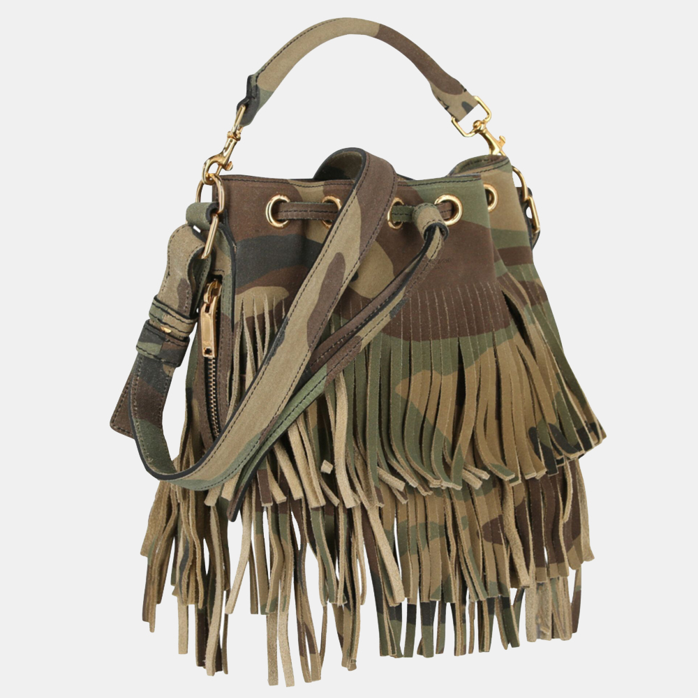 

Saint Laurent Paris Navy green Emmanuelle Fringe Camouflage Bucket Bag, Multicolor