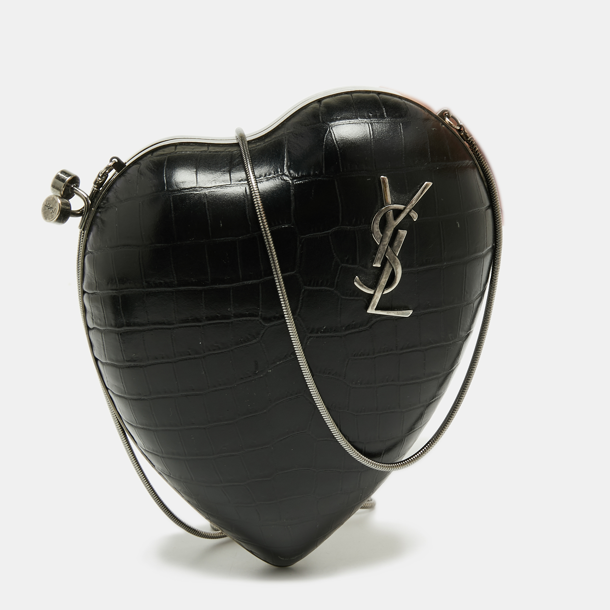 Click to view more detailed imagery on our partner's website Pre-owned Saint Laurent Black Croc Embossed Leather Love Box Chain Clutch