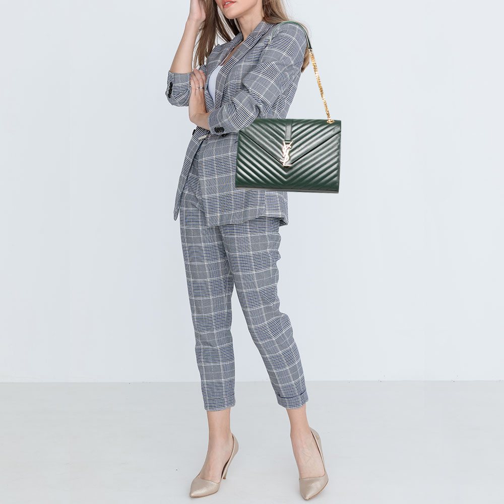 

Saint Laurent Green Matelassé Leather Monogram Envelope Shoulder Bag