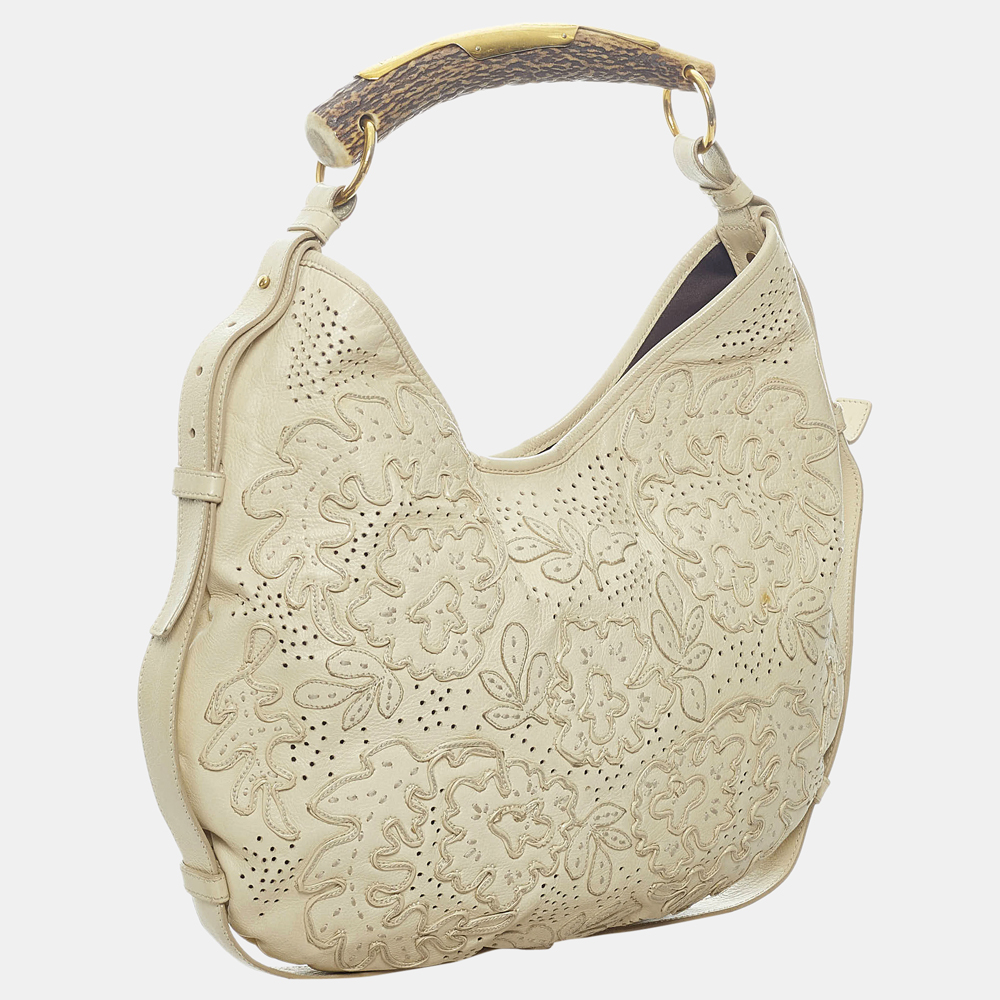 

Saint Laurent Paris White Embroidered Mombasa Horn Hobo Bag