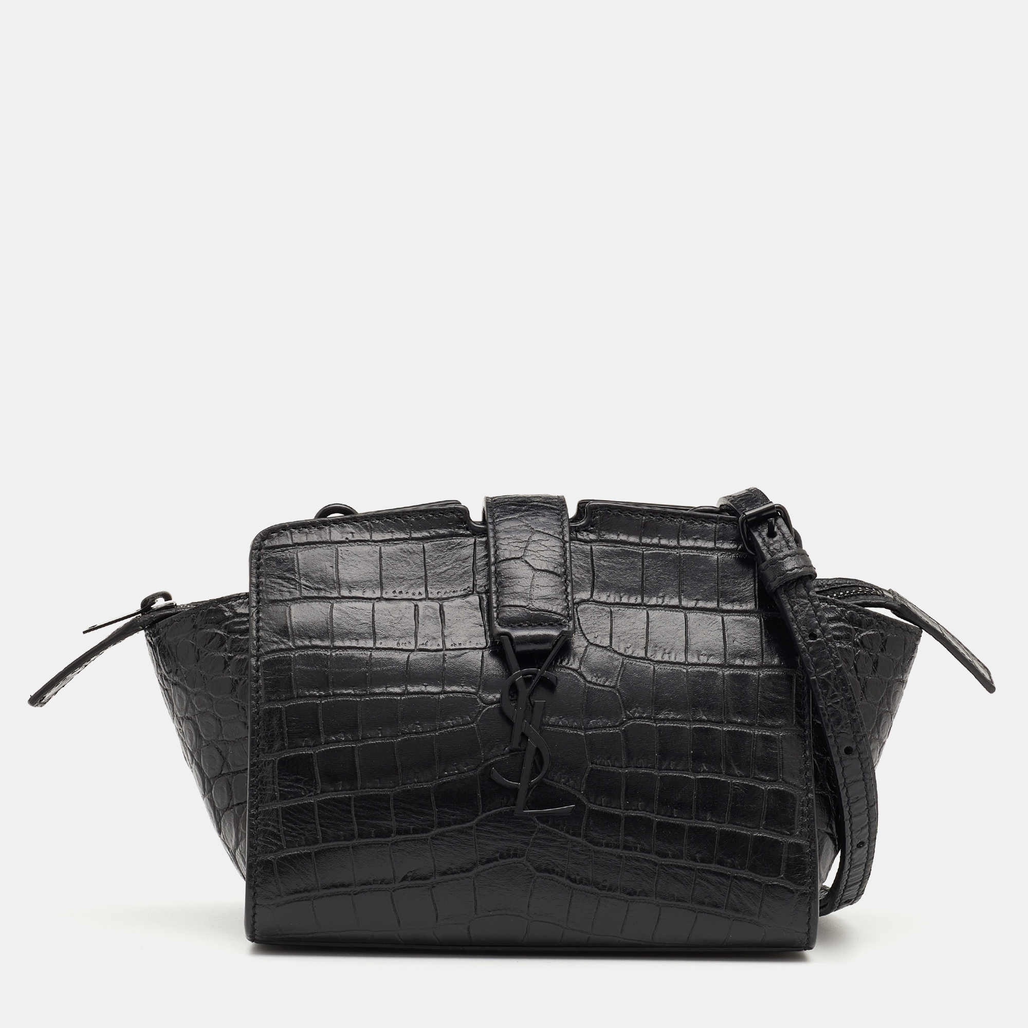 YSL Black Croc Embossed Leather Small Monogram Cabas Bag — Blaise Ruby Loves