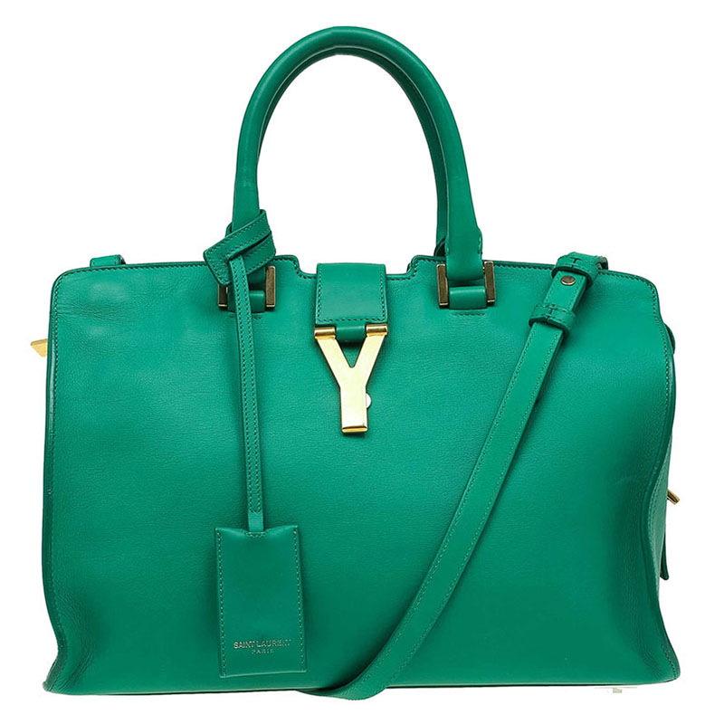 Pre Owned Saint Laurent Paris Green Leather Small Ligne Y Cabas Tote
