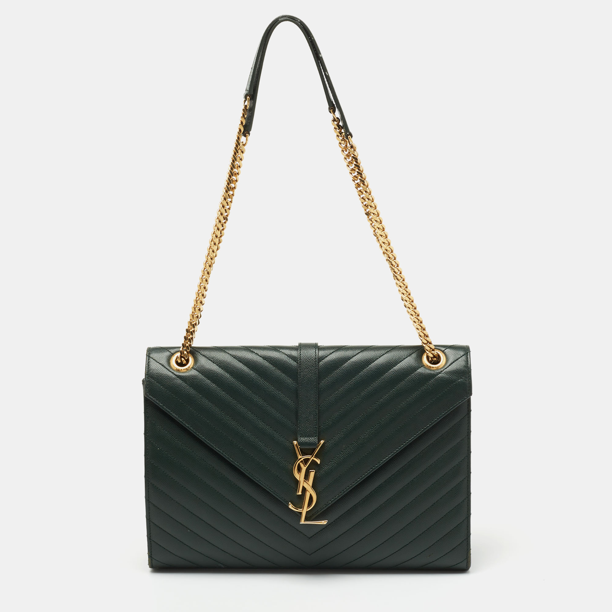 Pre Owned Saint Laurent Dark Green Matelassé Leather Large Cassandre Flap Bag