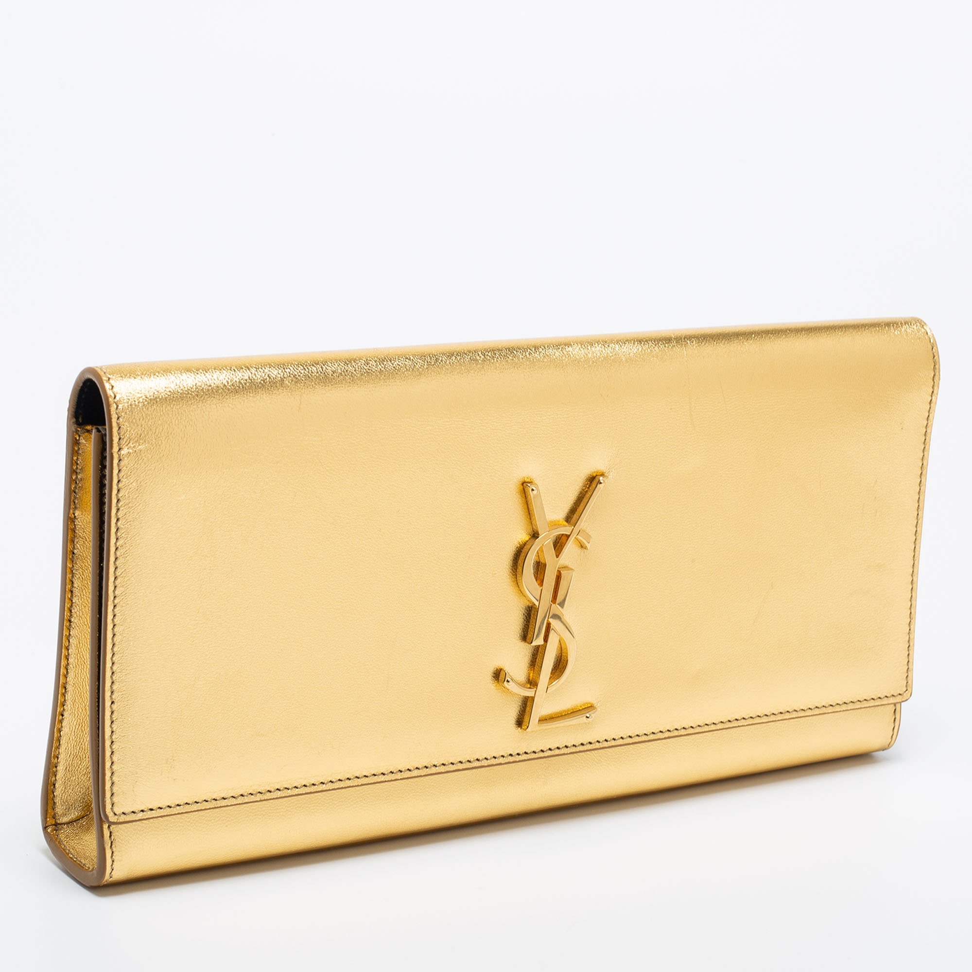 Saint Laurent Gold Calfskin Leather Monogram Clutch Bag - Yoogi's Closet