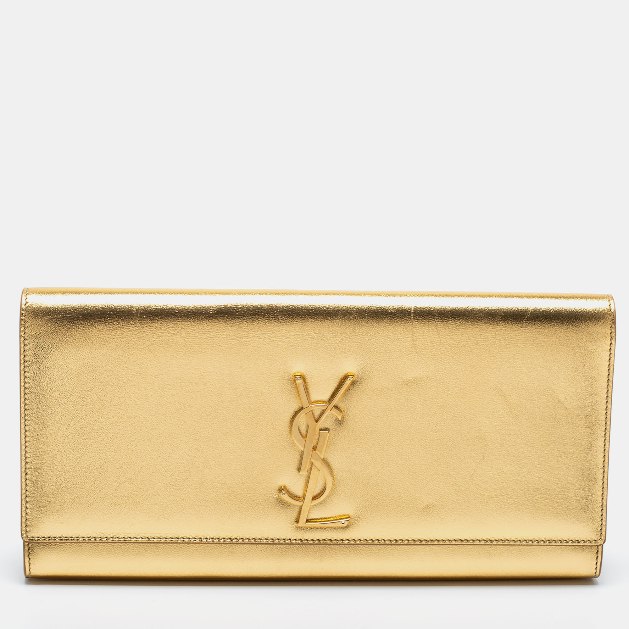 Pre Owned Saint Laurent Metallic Gold Leather Monogram Clutch