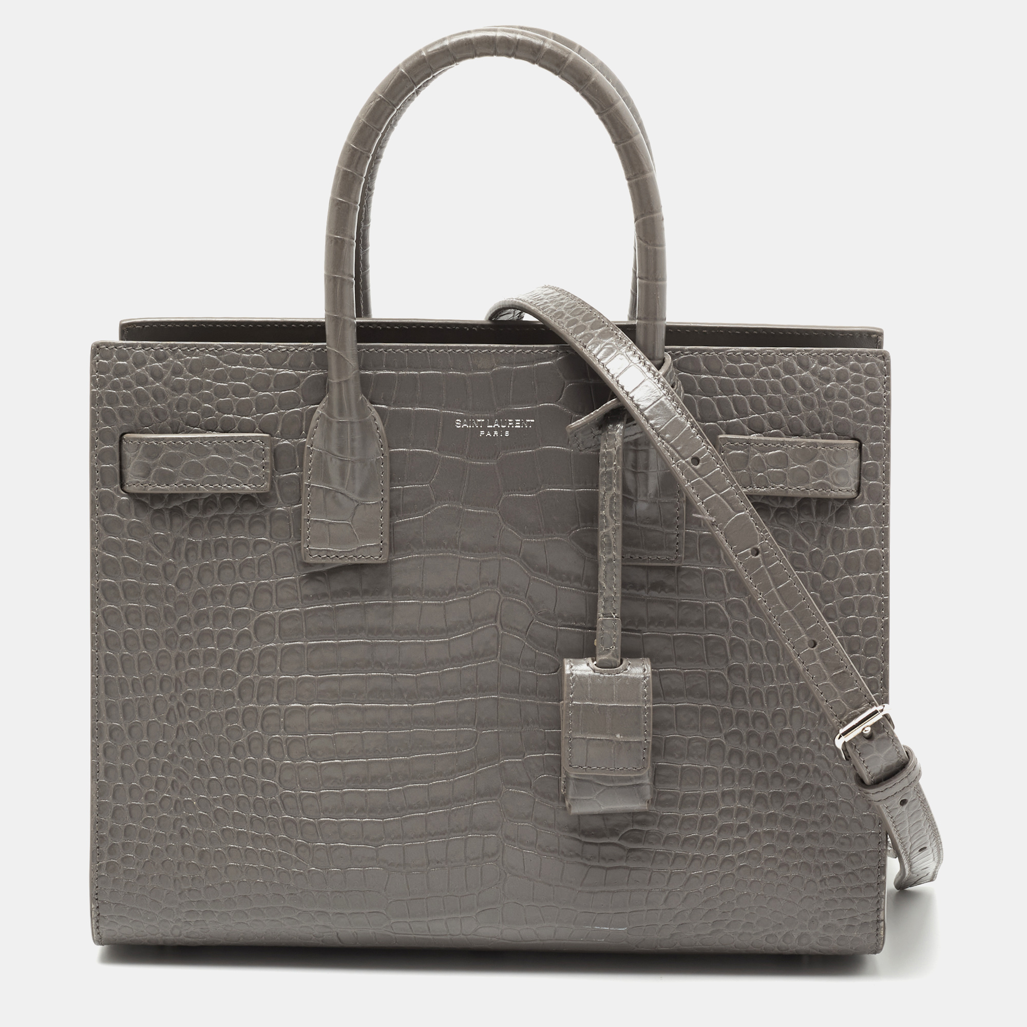 Pre-owned Saint Laurent Grey Croc Embossed Leather Baby Classic Sac De Jour Tote