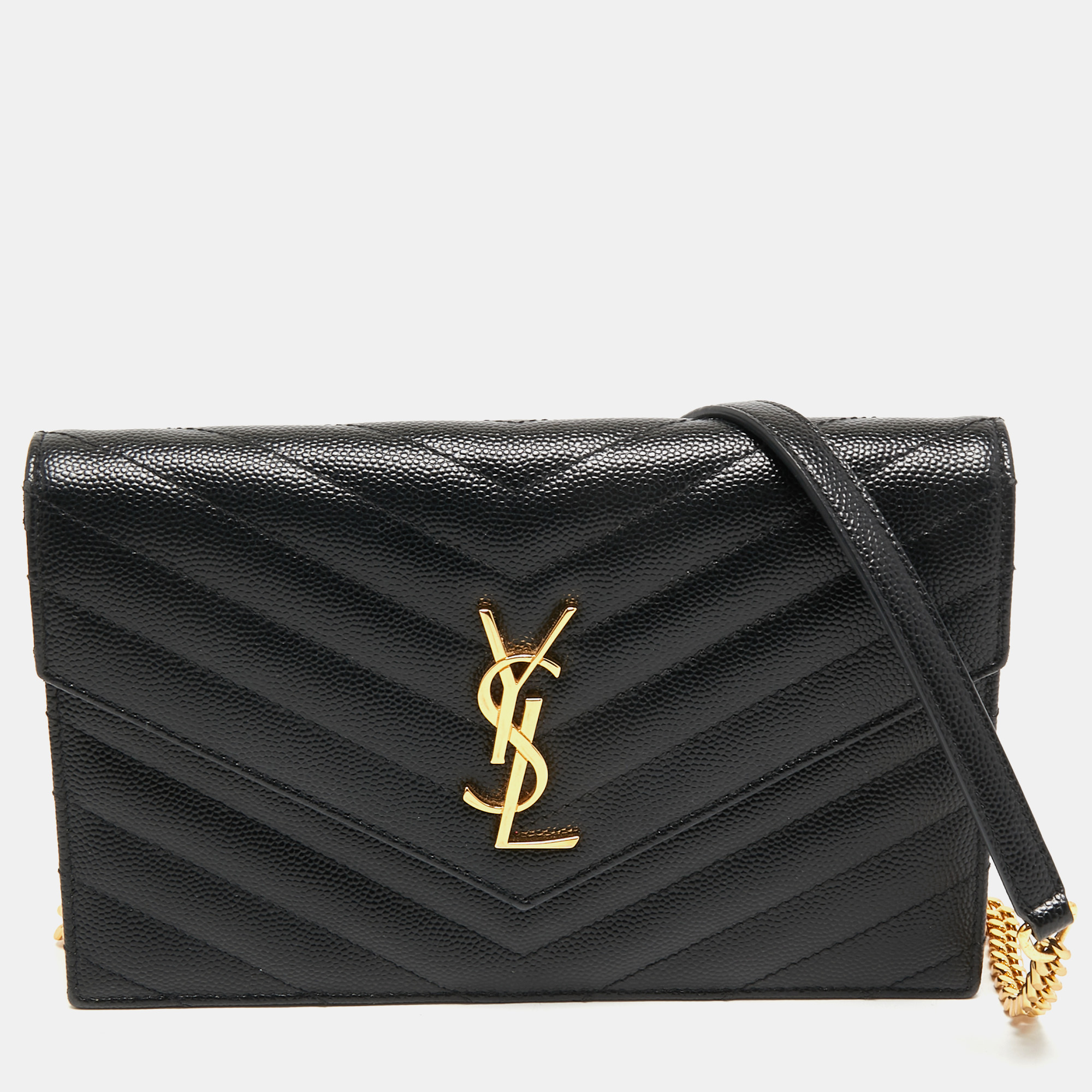 مملوكة مسبقًا Saint Laurent Black Matelasse Leather Monogram Envelope Wallet on Chain