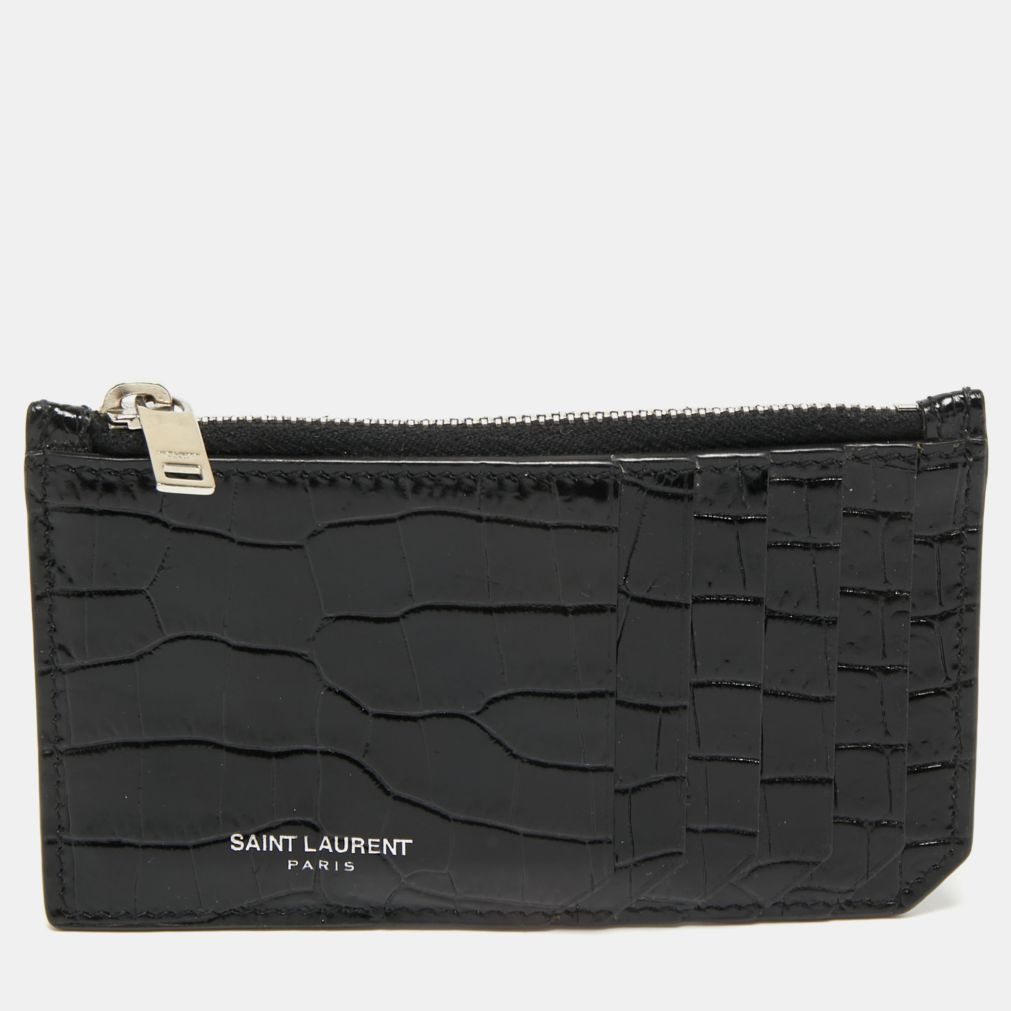 Pre-owned Saint Laurent Black Croc Embossed Leather Fragment Zip Card Holder