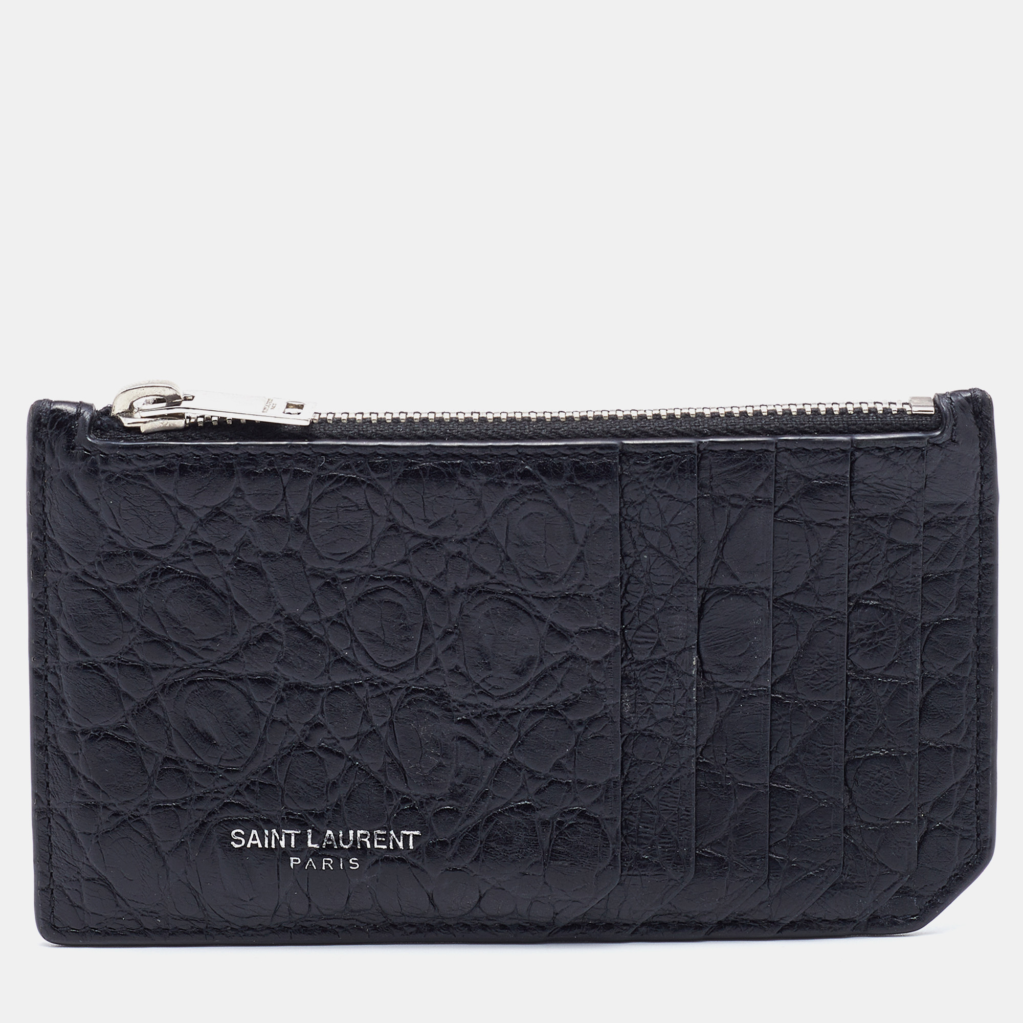 Pre-owned Saint Laurent Black Croc Embossed Leather Zip Card Case