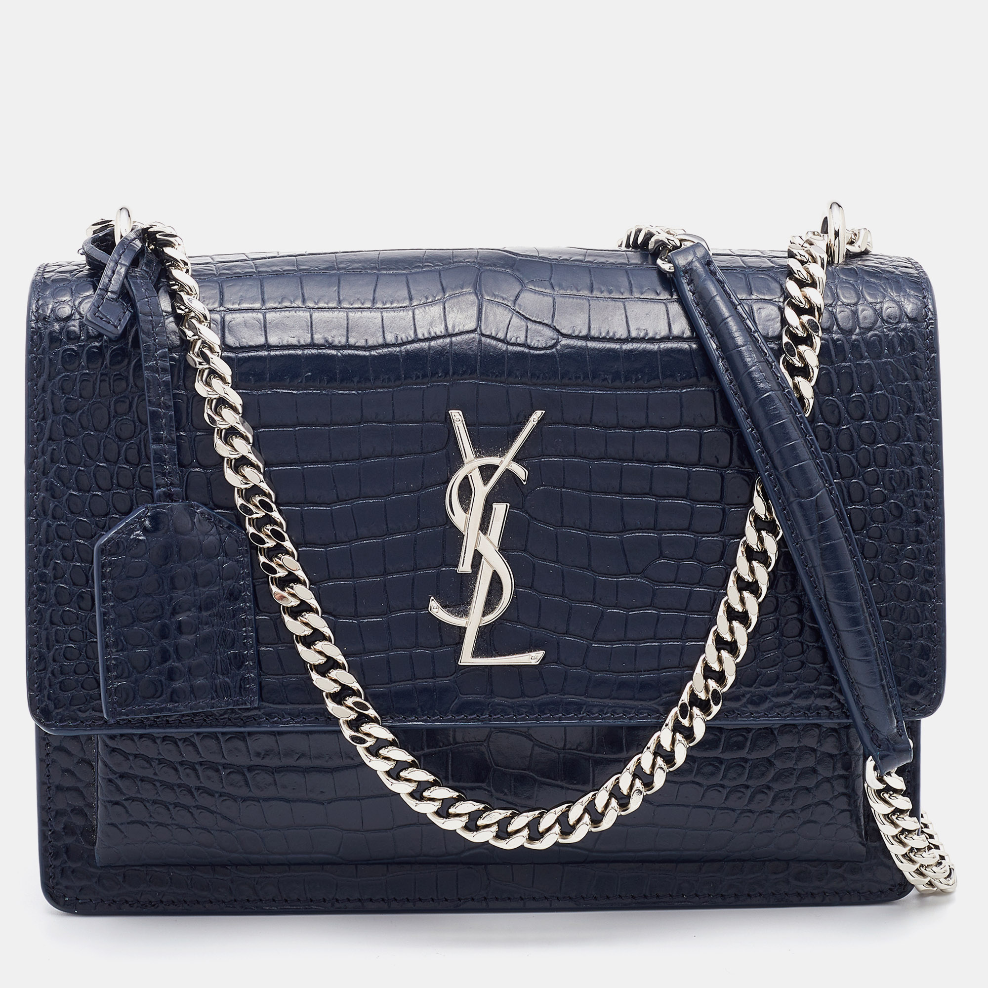 Saint Laurent Navy Blue Croc Embossed Leather Medium Sunset Shoulder Bag