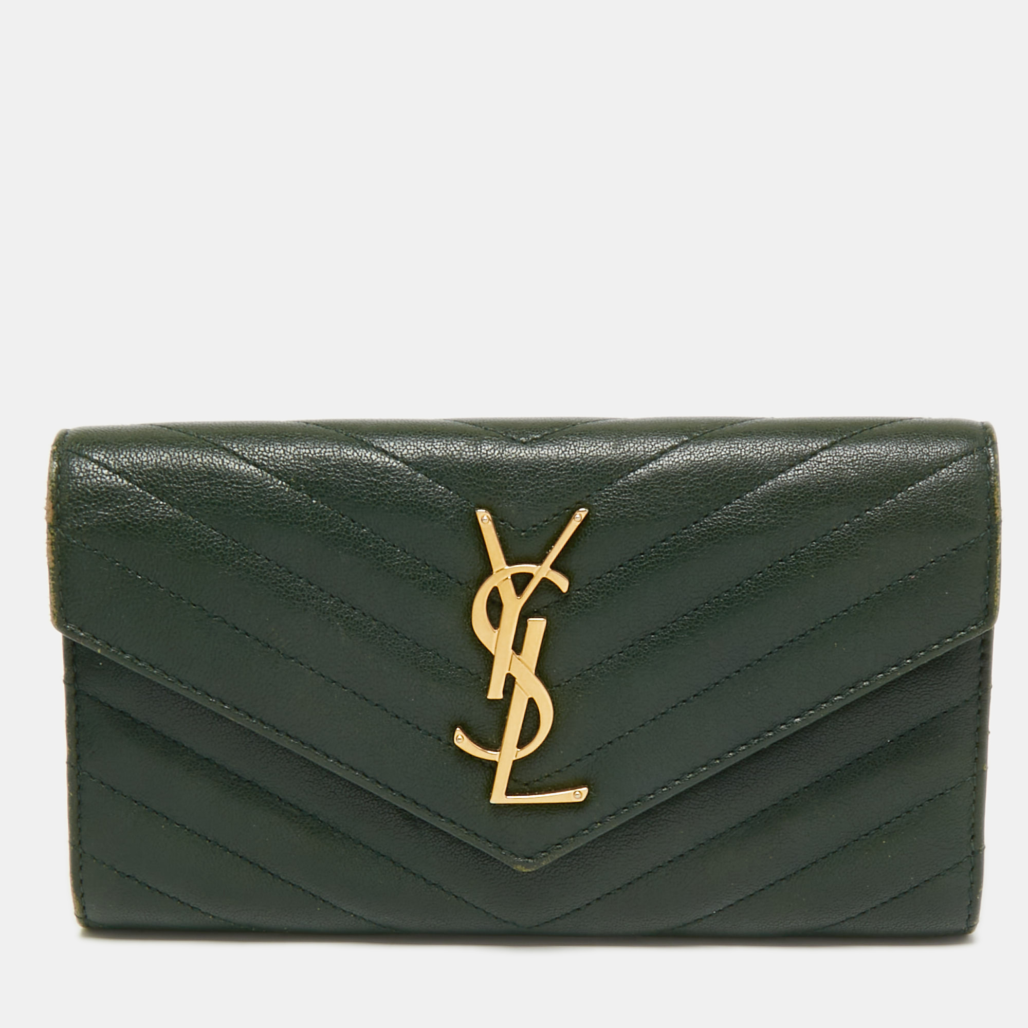 Pre-owned Saint Laurent Dark Green Matelass&eacute; Leather Monogram Envelope Wallet