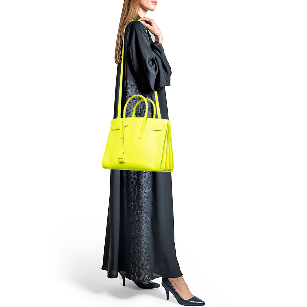 

Saint Laurent Neon Green Leather Small Classic Sac De Jour Tote