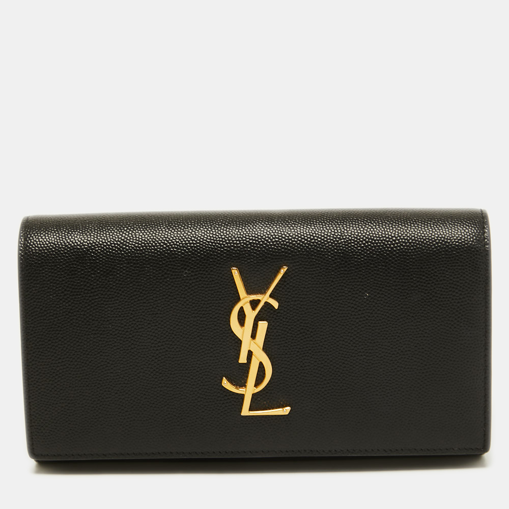 Pre-owned Saint Laurent Black Leather Monogram Flap Continental Wallet