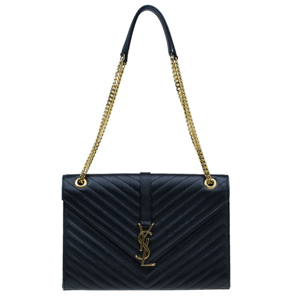 Pre Owned Saint Laurent Black Leather Large Chevron Cassandre Shoulder Bag