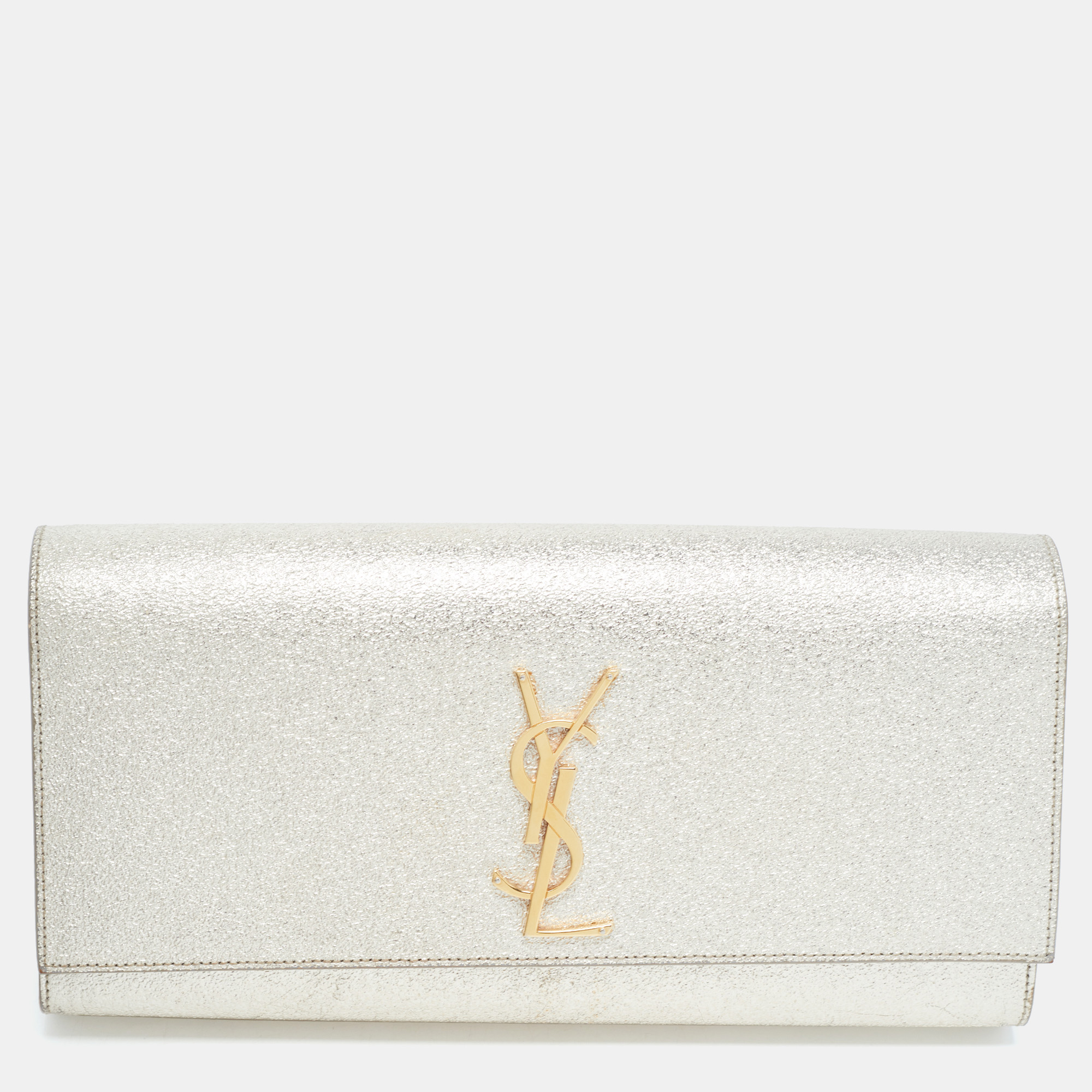 Pre Owned Saint Laurent Gold Crinkled Leather Kate Clutch