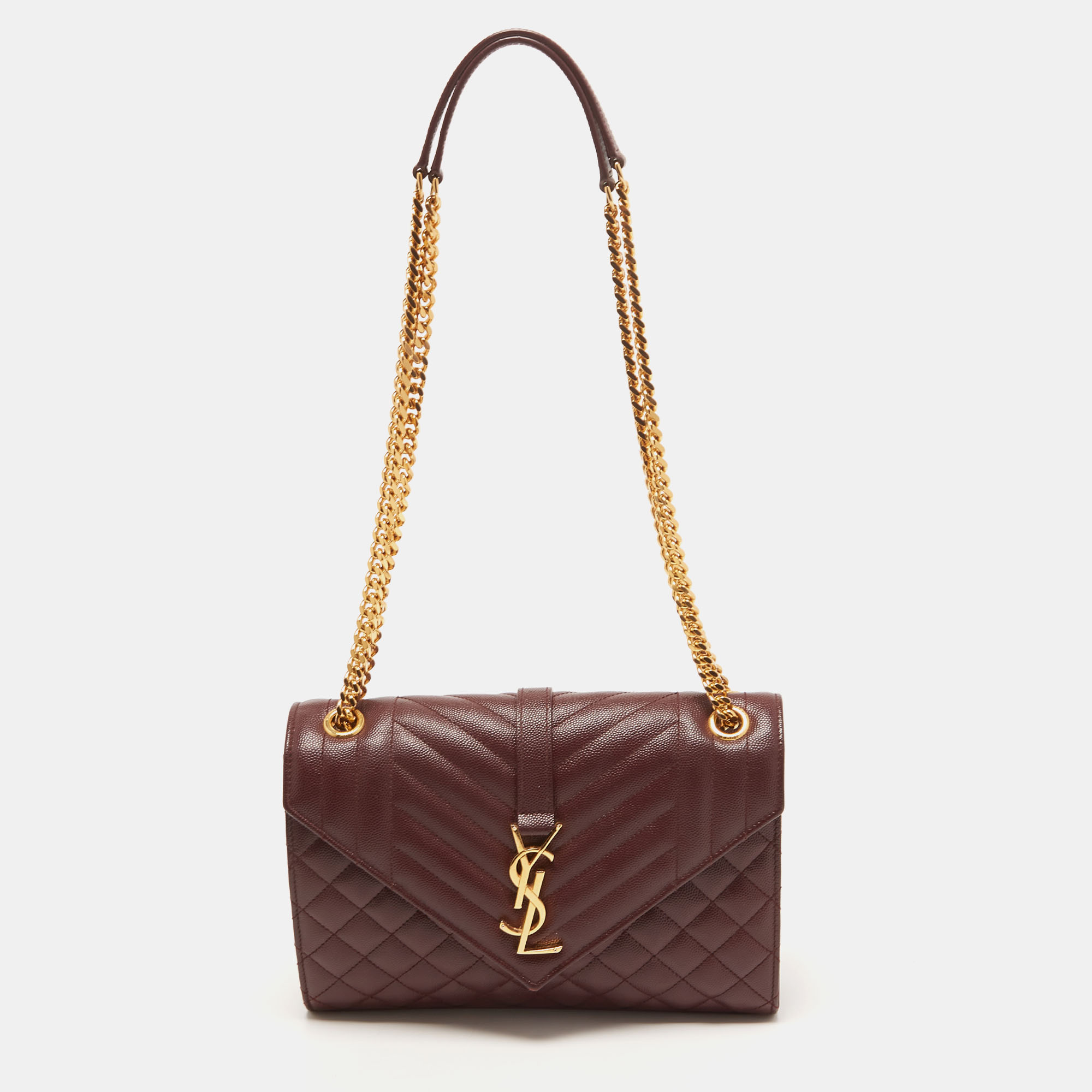 Pre-owned Saint Laurent Medium Burgundy Mix Matelasse Leather Medium Envelope Chain Bag