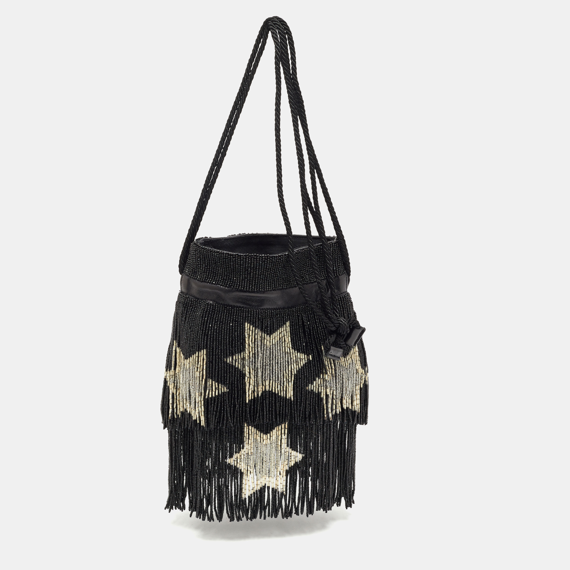 

Saint Laurent Black Beads and Leather Fringed Small Shoulder Bag