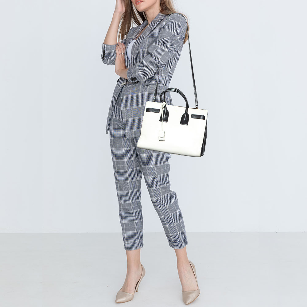 

Saint Laurent Off White/Black Leather Small Classic Sac De Jour Tote