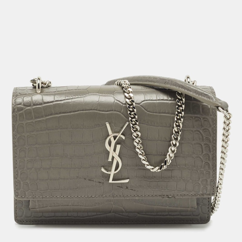 Saint Laurent Grey Croc Embossed Leather Mini Sunset Chain Bag - Handbag | Pre-owned & Certified | used Second Hand | Unisex