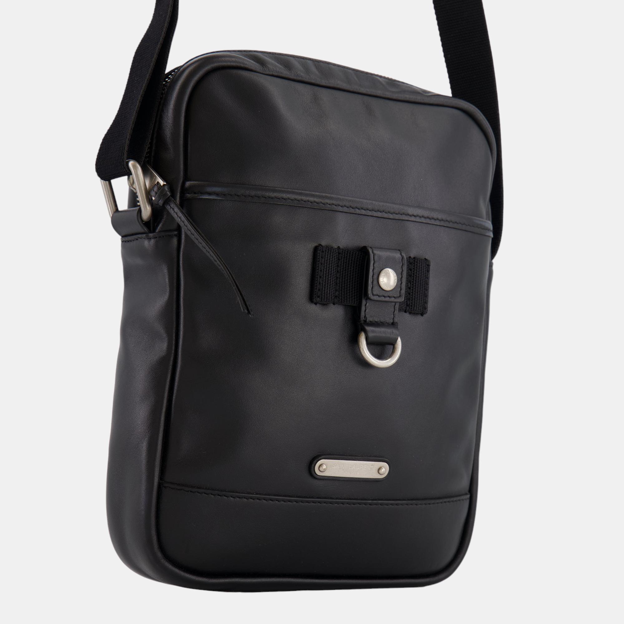 

Saint Laurent Men's Black Leather Crossbody Bag with Silver Hardware