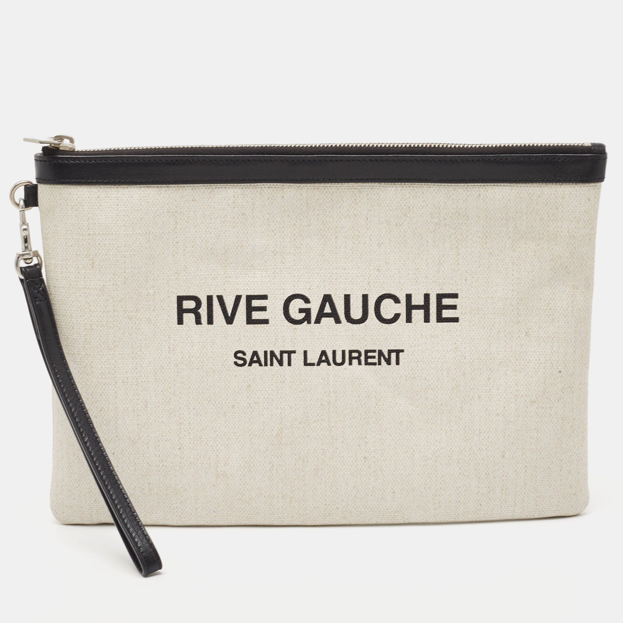 Pre-owned Saint Laurent Off White/black Canvas And Leather Rive Gauche Zip Clutch