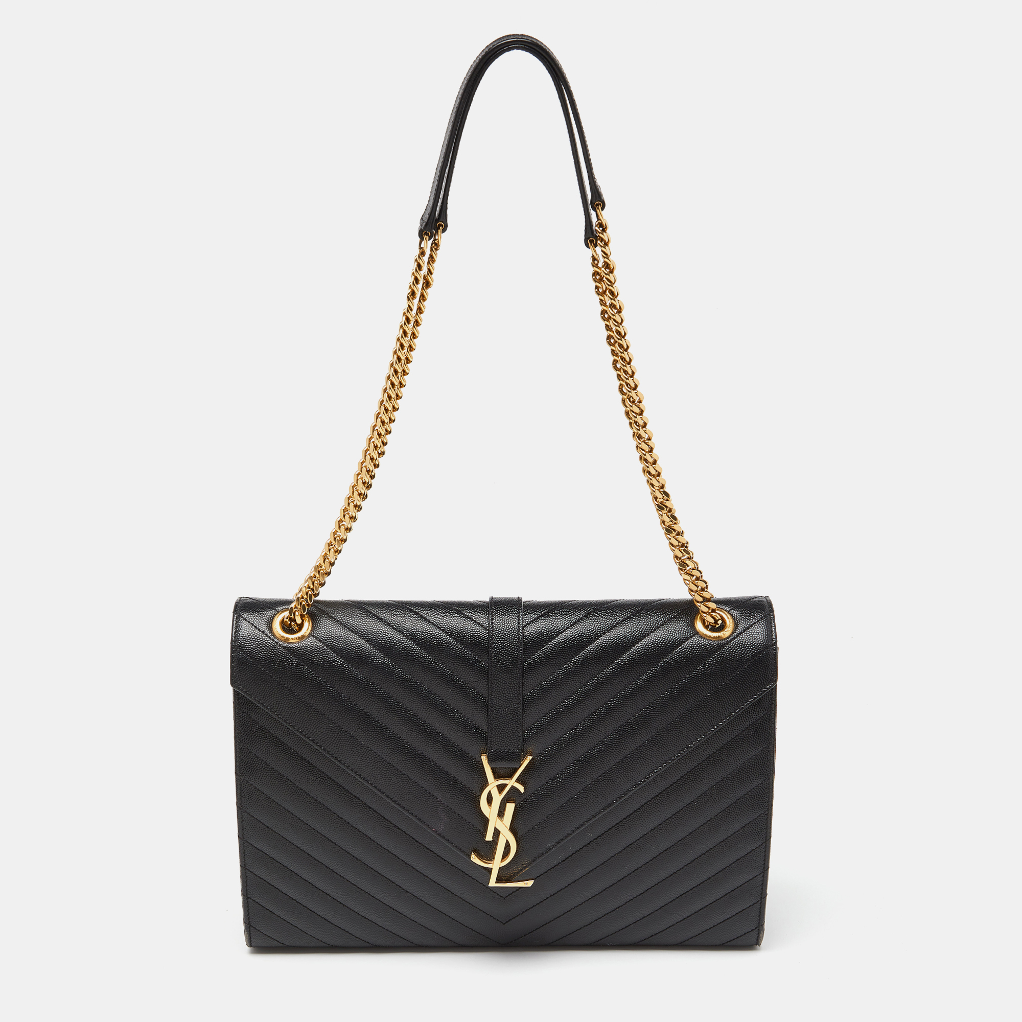 Pre Owned Saint Laurent Black Matelassé Leather Large Monogram Envelope Shoulder Bag