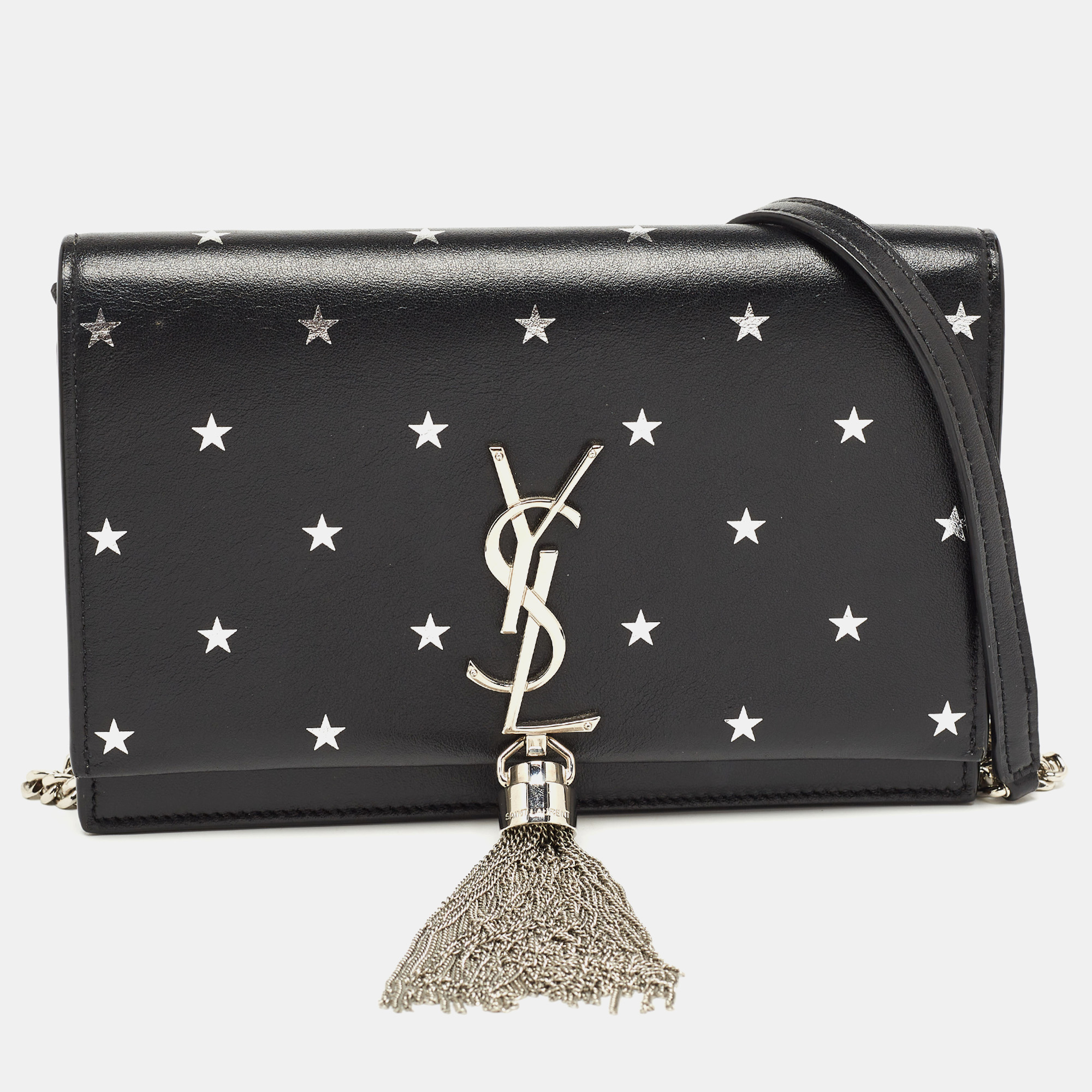 Pre-owned Saint Laurent Black/silver Star Print Leather Kate Tassel Wallet On Chain