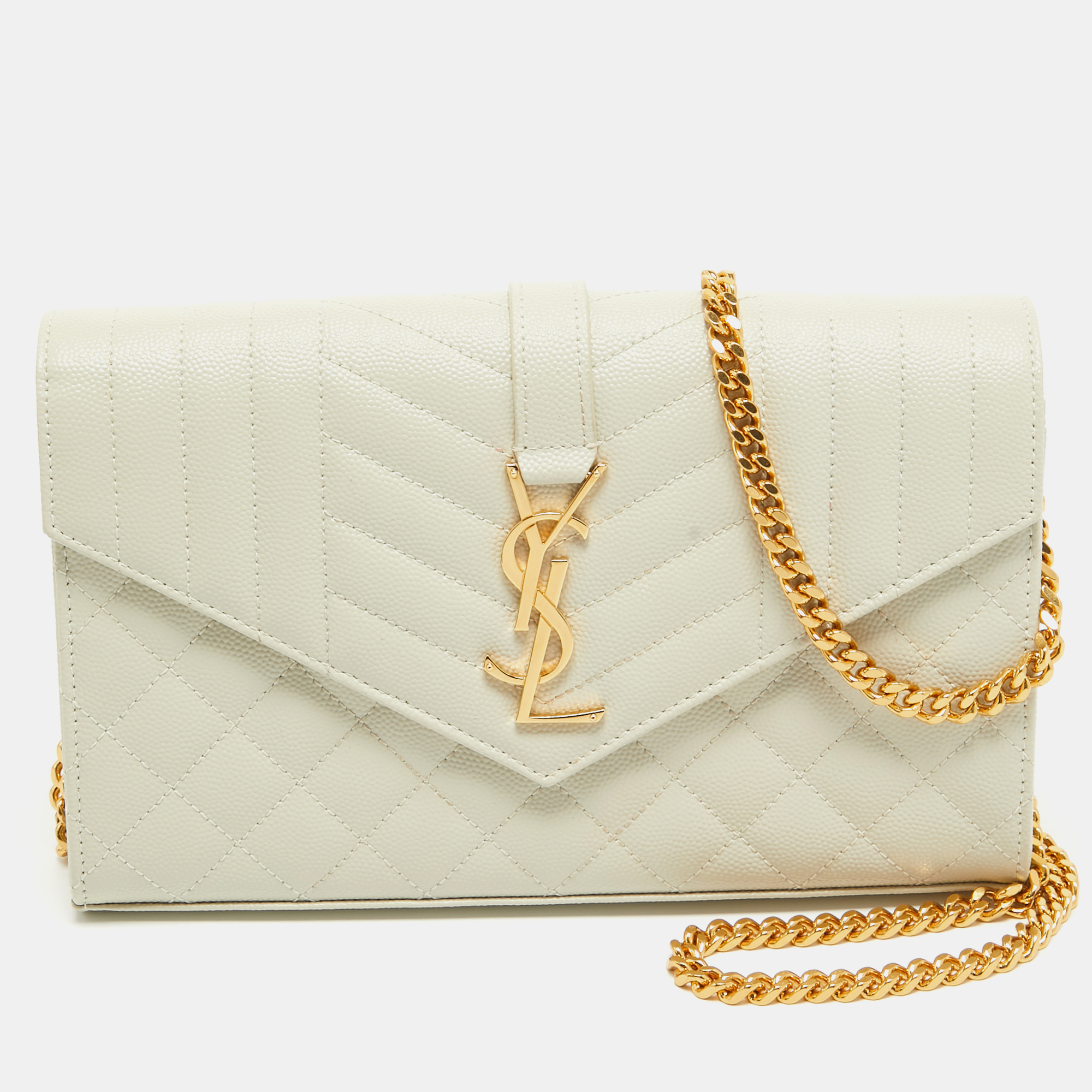 Pre-owned Saint Laurent Off White Mix Matelasse Leather Medium Envelope Chain Bag In Yellow