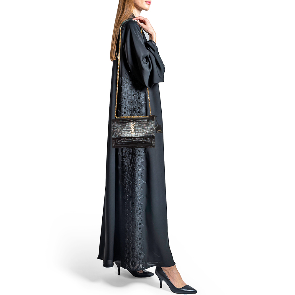 

Saint Laurent Black Croc Embossed Leather  Sunset Shoulder Bag