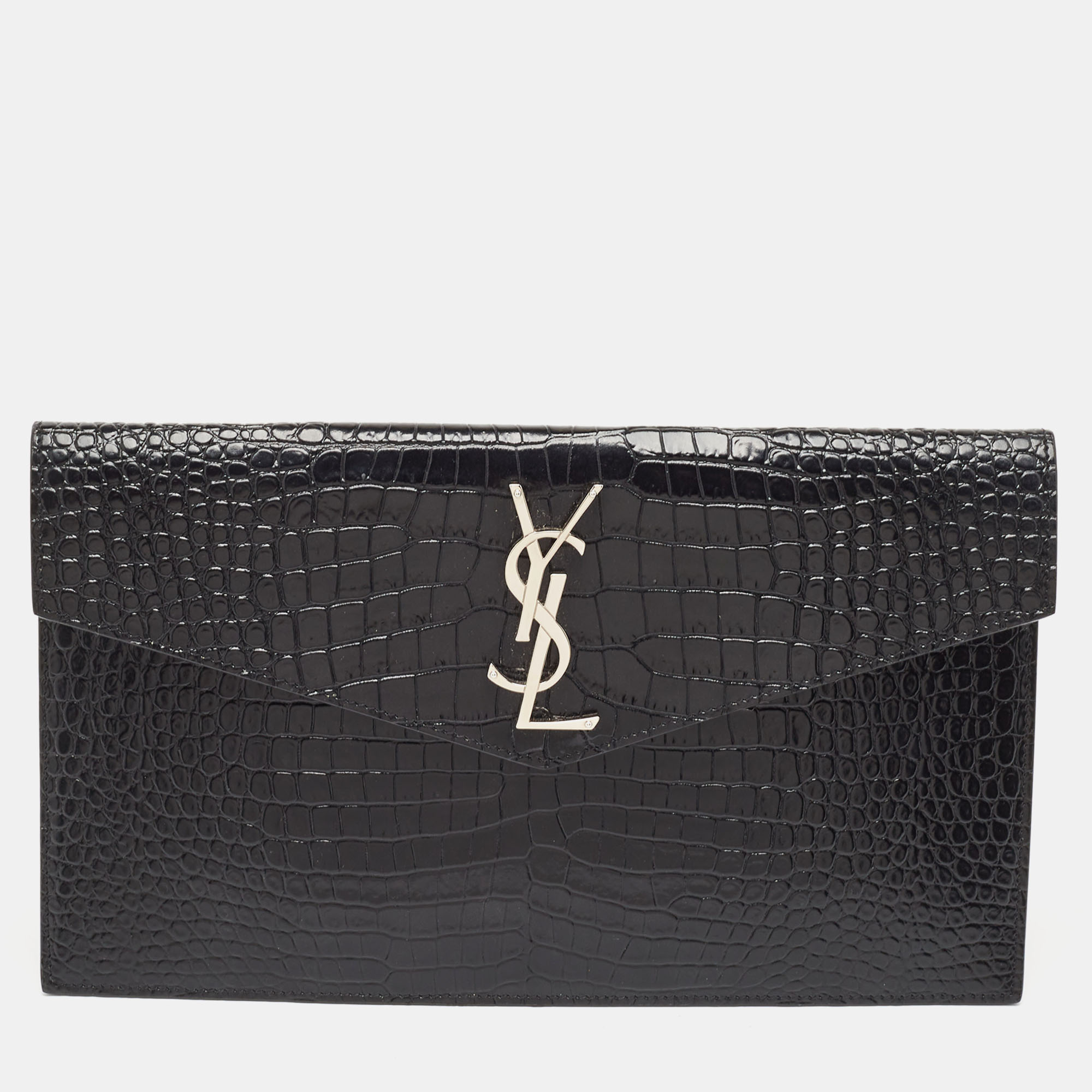 Pre Owned Saint Laurent Black Croc Embossed Leather Uptown Clutch