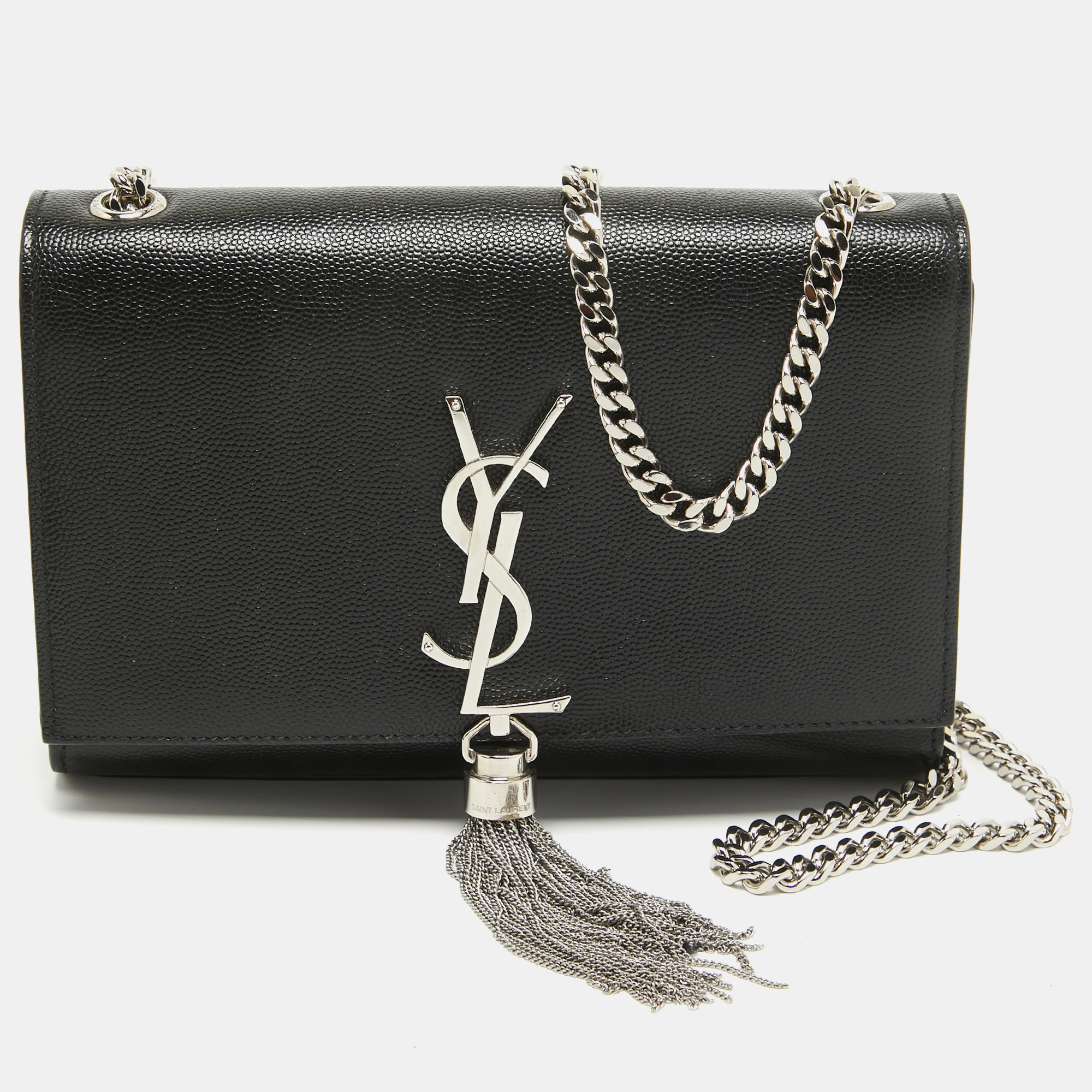 Pre-owned Saint Laurent Black Leather New Small Kate Wallet On Chain