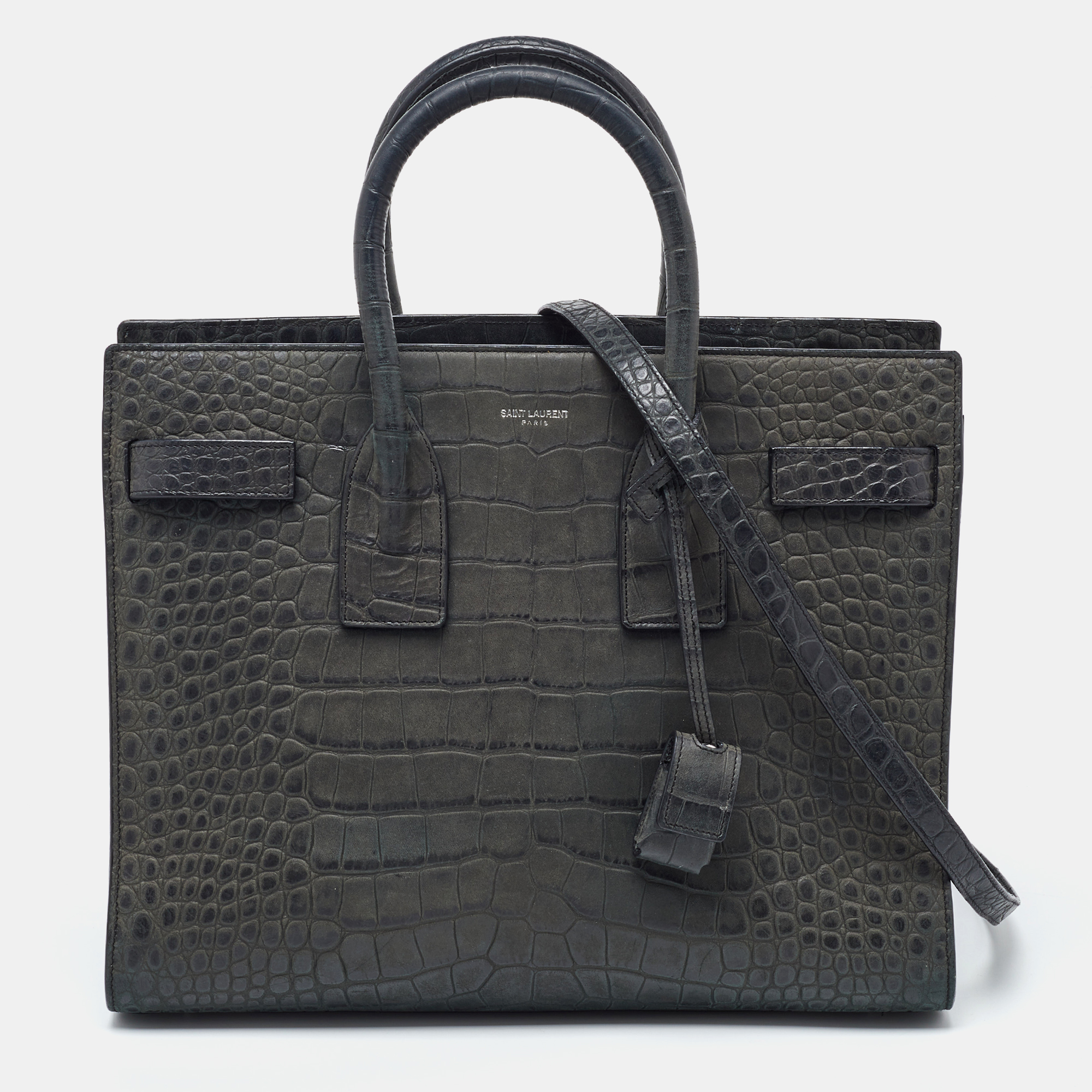 Pre-owned Saint Laurent Deep Green Croc Embossed Leather Small Sac De Jour Tote