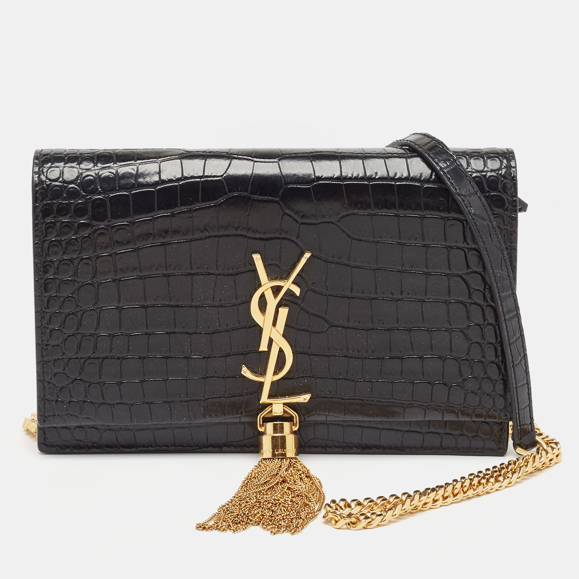 

Saint Laurent Black Croc Embossed Leather Kate Tassel Chain Wallet