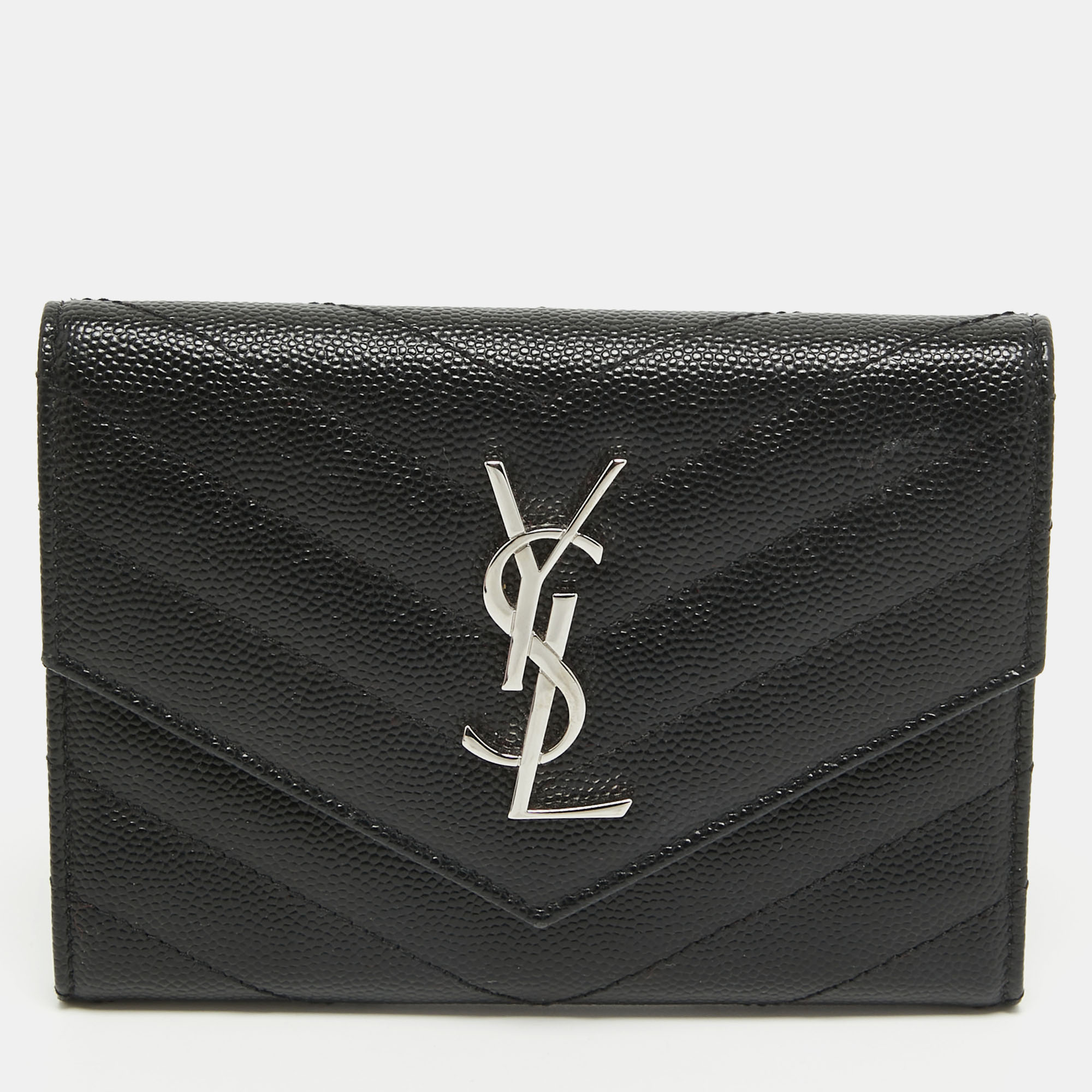 Pre-owned Saint Laurent Black Matelasse Leather Cassandre Trifold Wallet