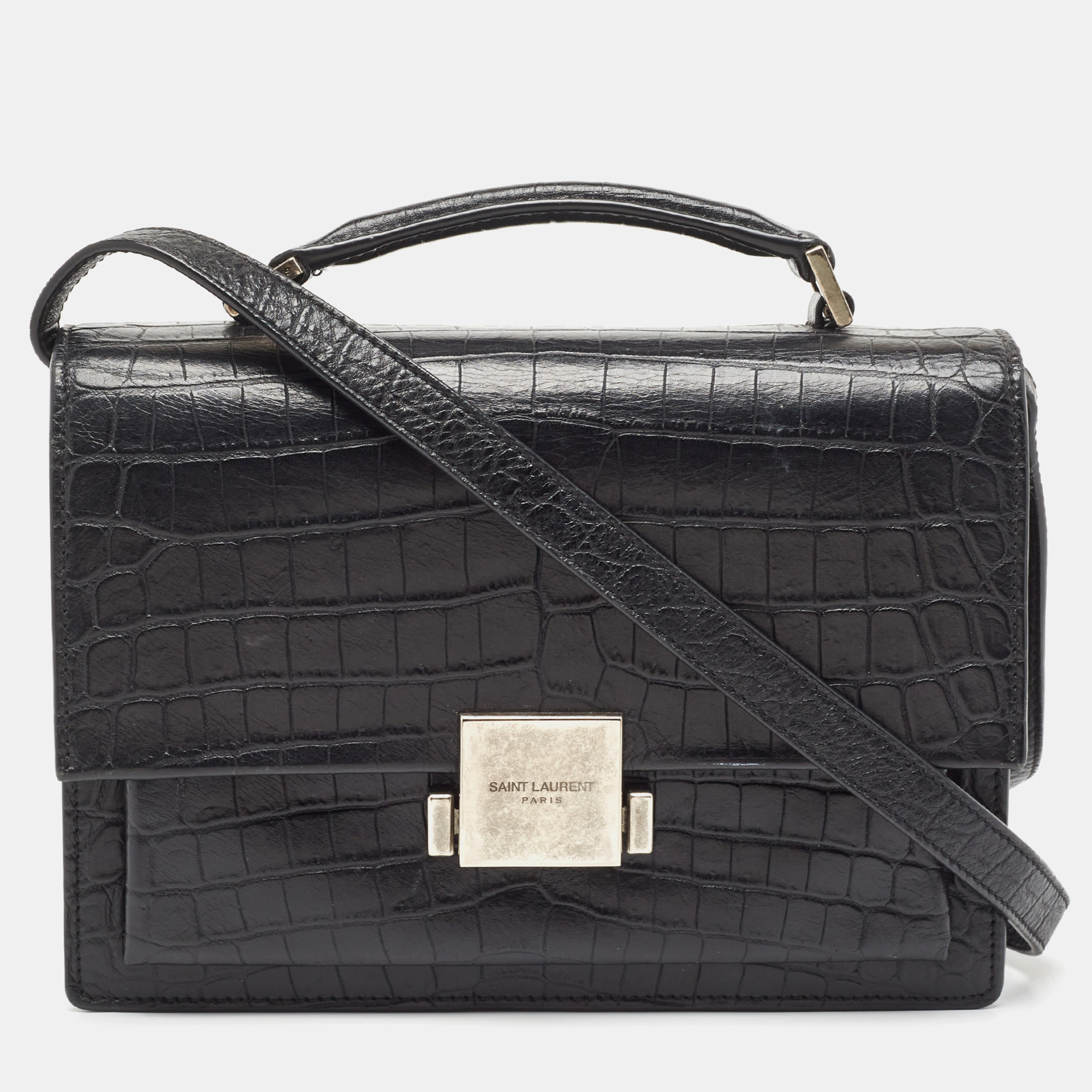 Pre-owned Saint Laurent Black Croc Embossed Leather Bellechasse Top Handle Bag