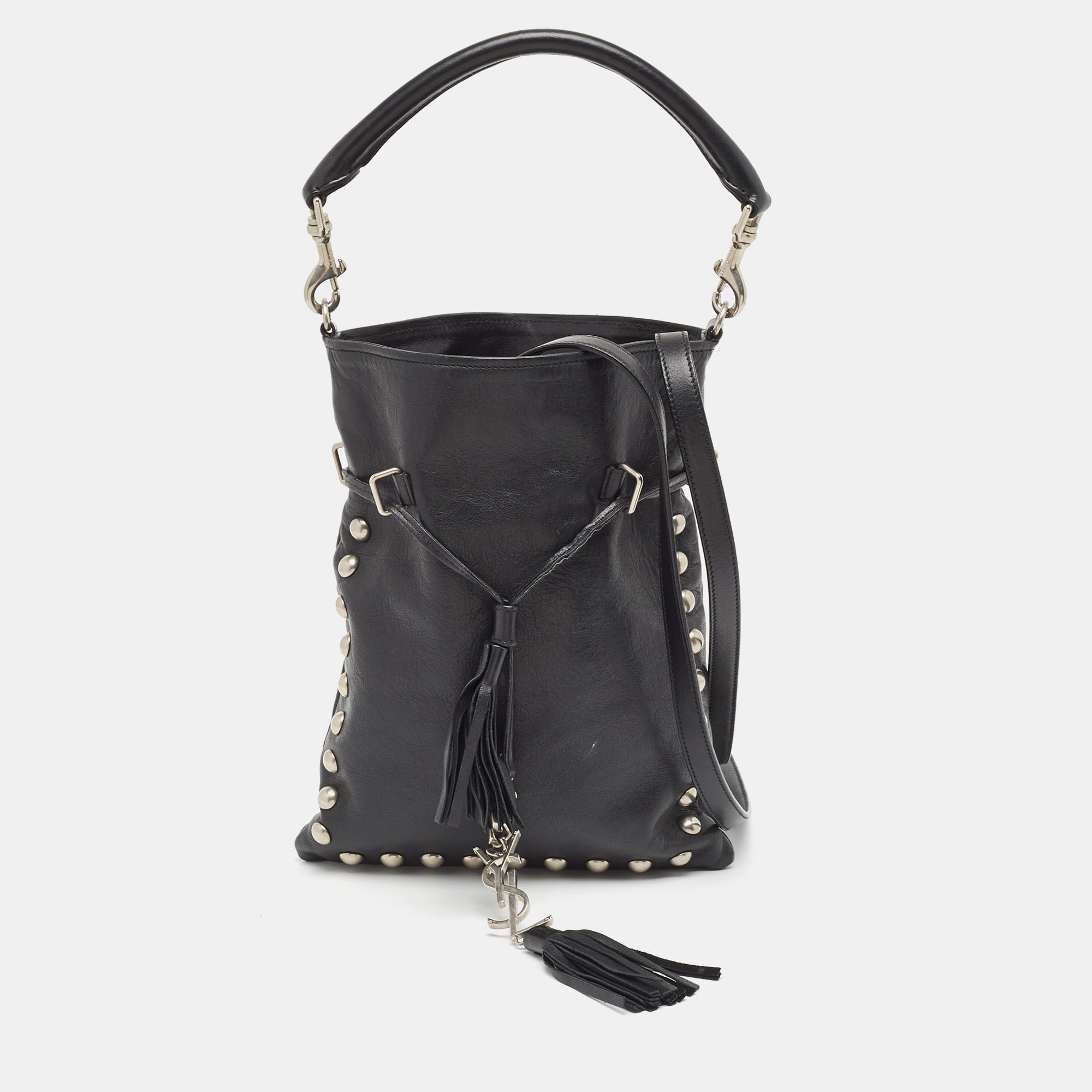 Pre-owned Saint Laurent Black Leather Monogram Flat Bucket Bag