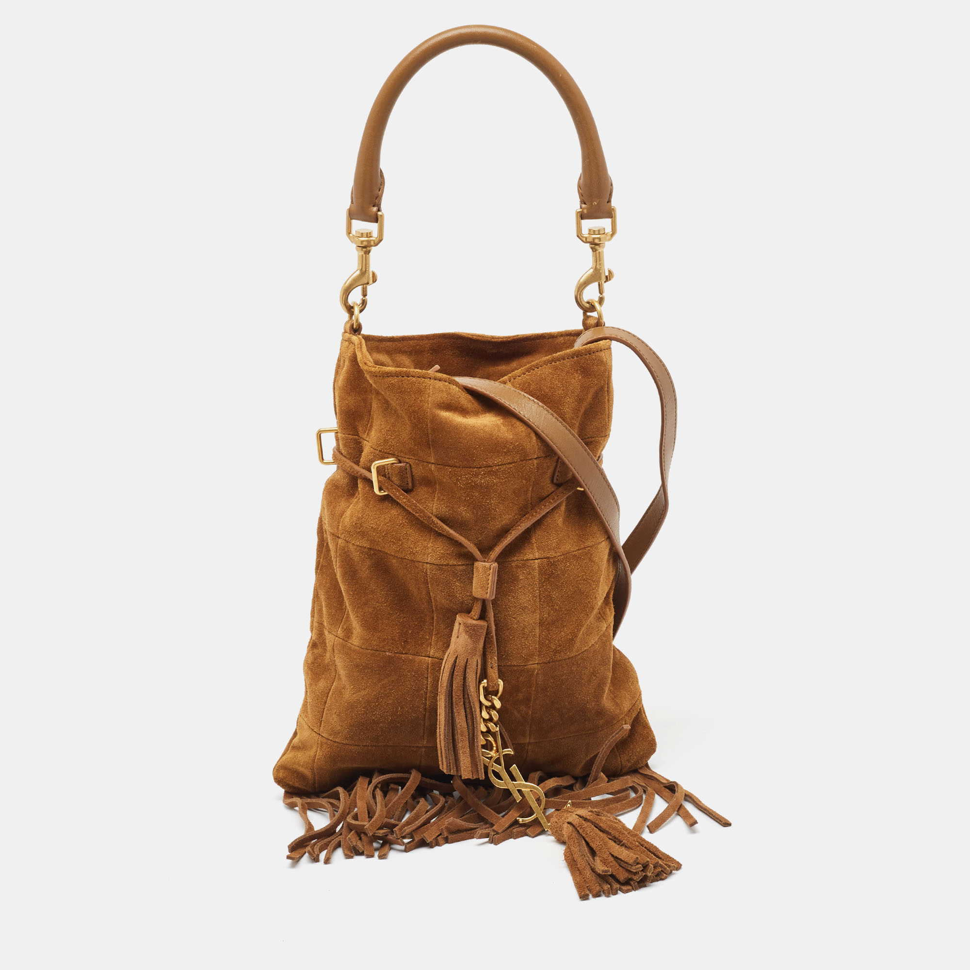 

Saint Laurent Brown Suede and Leather Tassle Fringe Bucket Bag