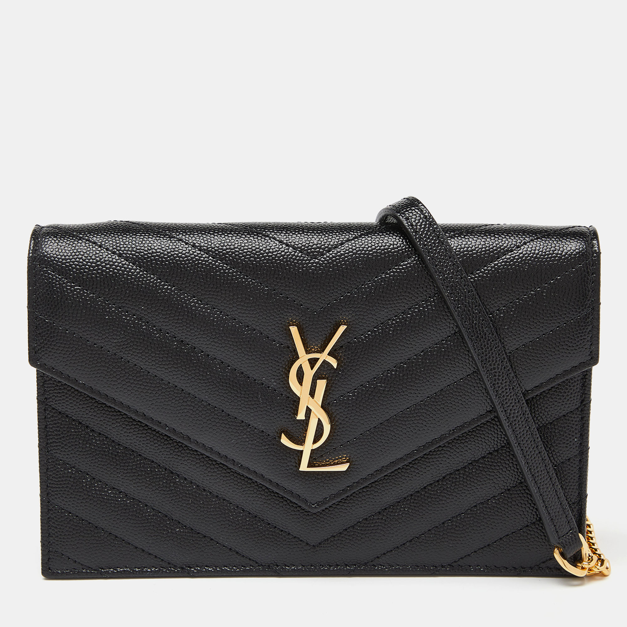 

Saint Laurent Black Matelasse Leather Monogram Envelope Wallet on Chain