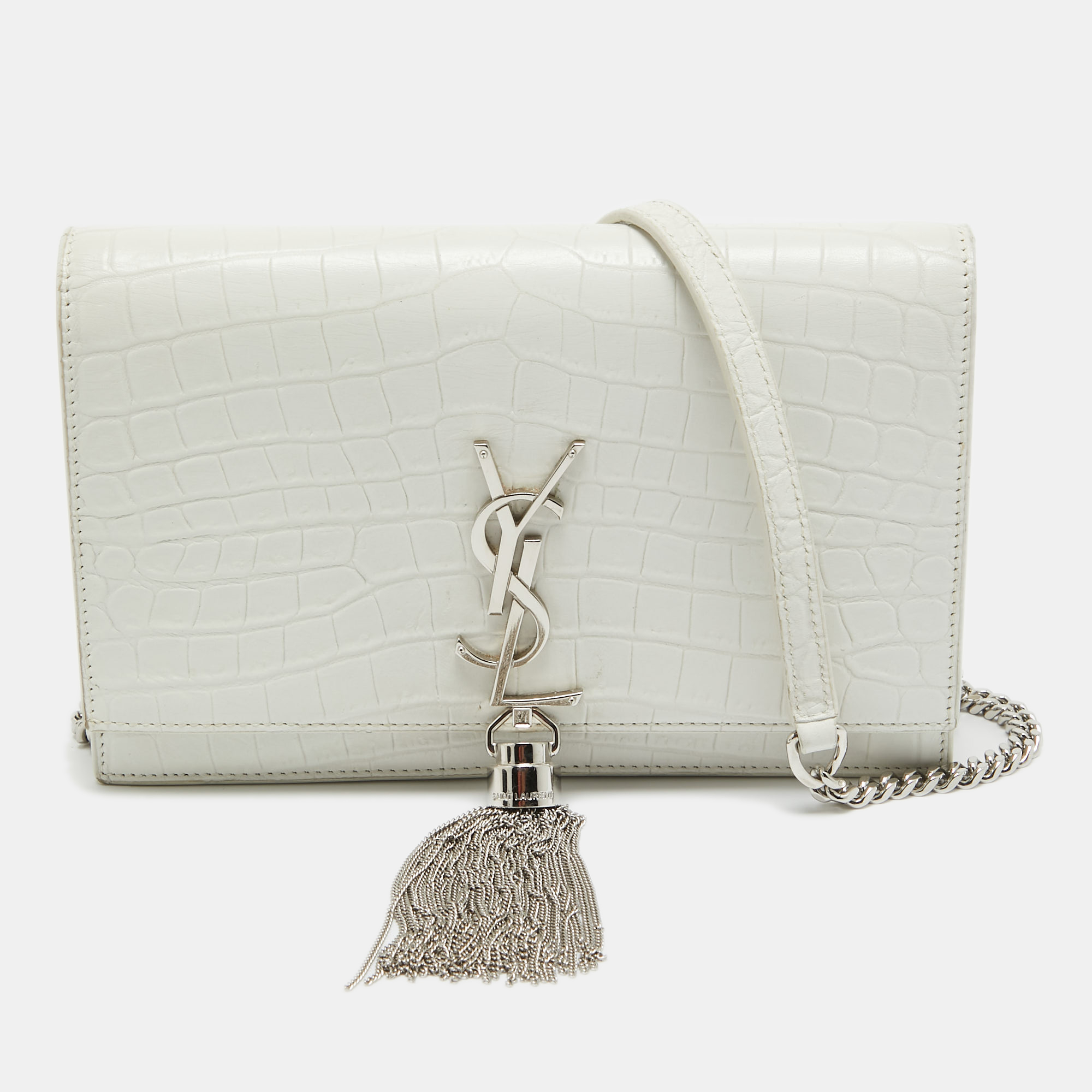 Pre Owned Saint Laurent White Croc Embossed Leather Kate Tassel Chain Wallet